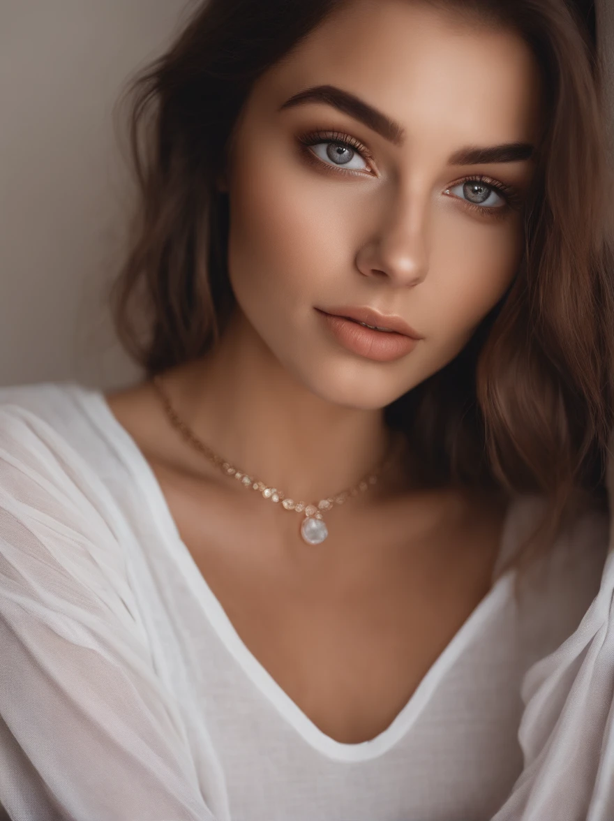 portrait Arafed woman in white T-shirt and necklace, sexy girl with hezaleyes, portrait sophie mudd, brown hair and large eyes, selfie of a young woman, bedroom eyes, violet myers, no makeup, natural makeup, looking straight at camera, face with artgram, fine makeup, Piercing hazel eyes, beautiful angle, attractive pose, Sweet girl, passport portrait, brunette godess,