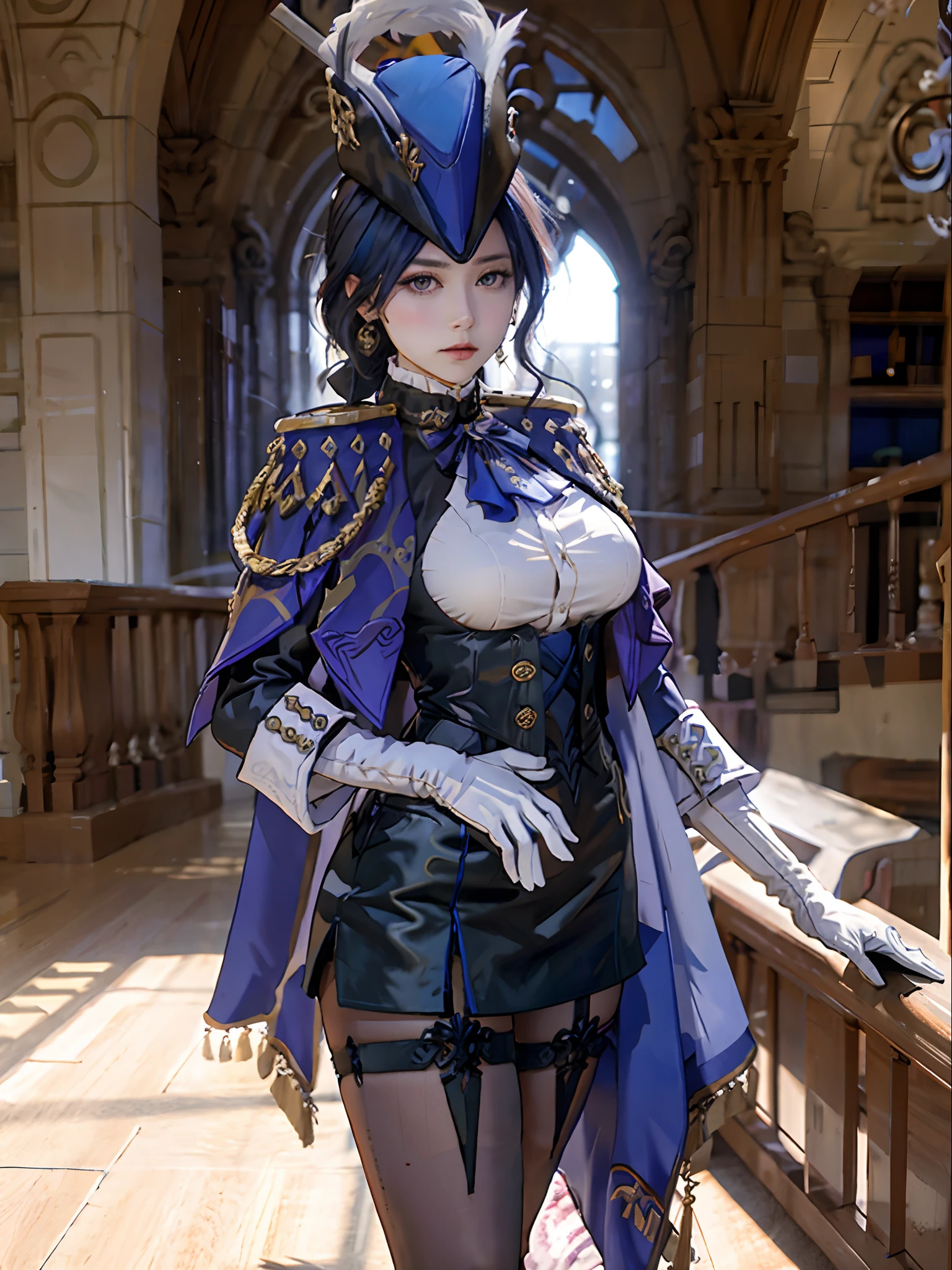 8K分辨率、Raw photo、1girl in, Klonde \(GenshinImpact\), tricorne, pantyhose, earrings, blue cape, White Gloves, pencil skirts, White shirt, Thigh strap, Underbust, ascot, Jacket, depth of fields, Standing, Cowboy Shot, Glaring, put hands on the hip, Looking at Viewer, chies, Indoors