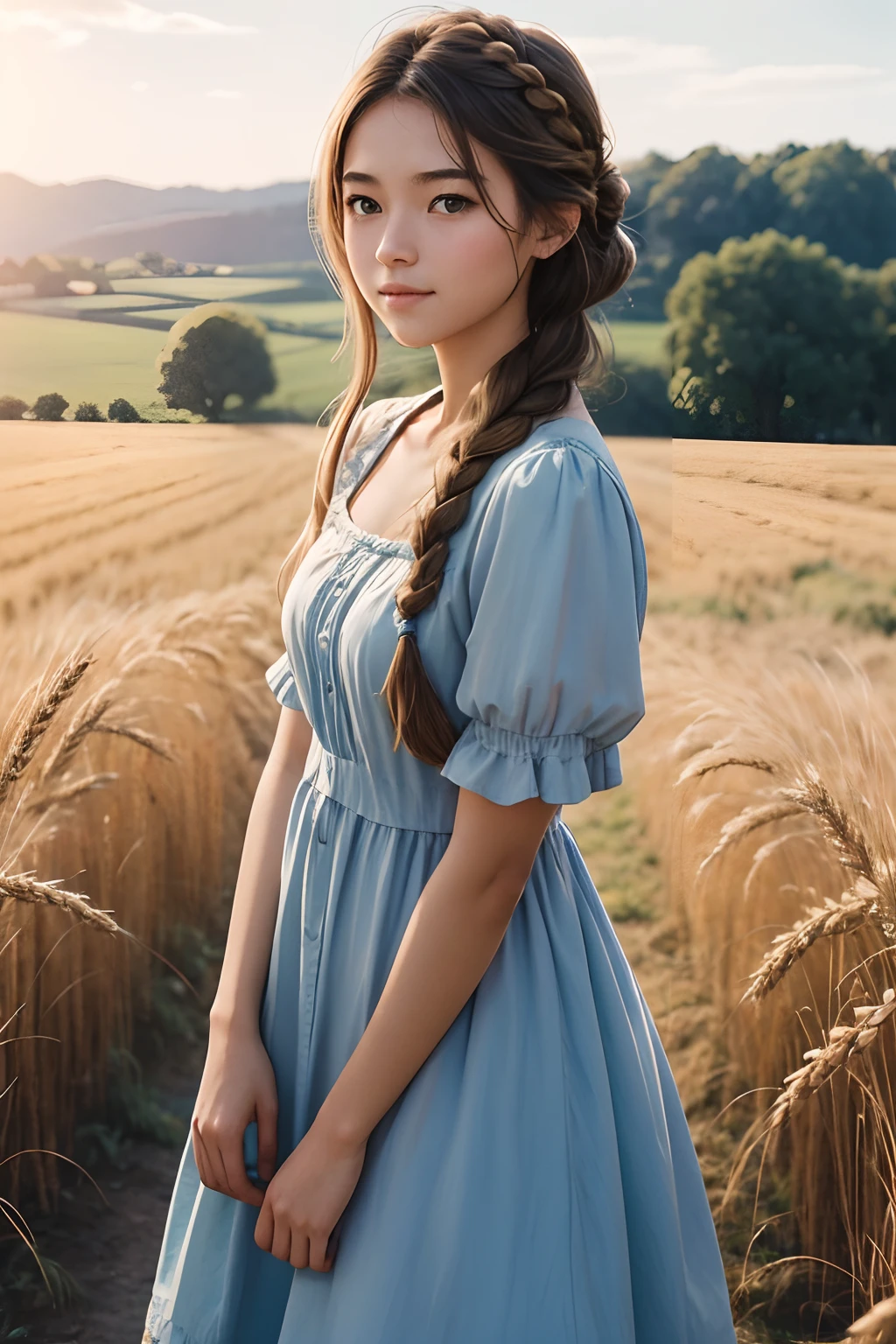 1girl in, 20 years old, Tall and attractive, Wearing a cute country dress, Hair braiding, Standing on a rustic farm. She has a soft, gentle smile and expressive eyes. In the background is a charming barn, Golden wheat fields and clear blue sky. The composition should be soaked in the light of warm golden hours, Accentuates idyllic tranquility with soft depth of field and soft bokeh. Capture images as if they were shot on vintage 35mm film、Adds even more vitality, filmg,