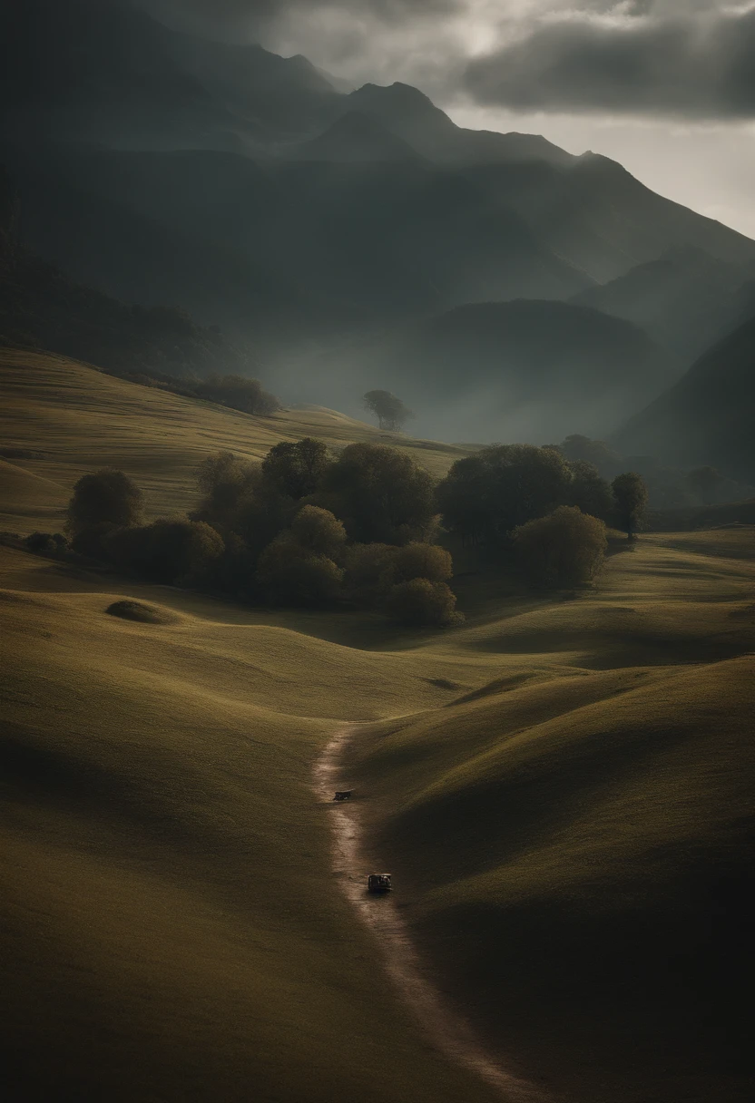 An artist's depiction of a mysterious world, com paisagens exuberantes e seres humanos antigos.