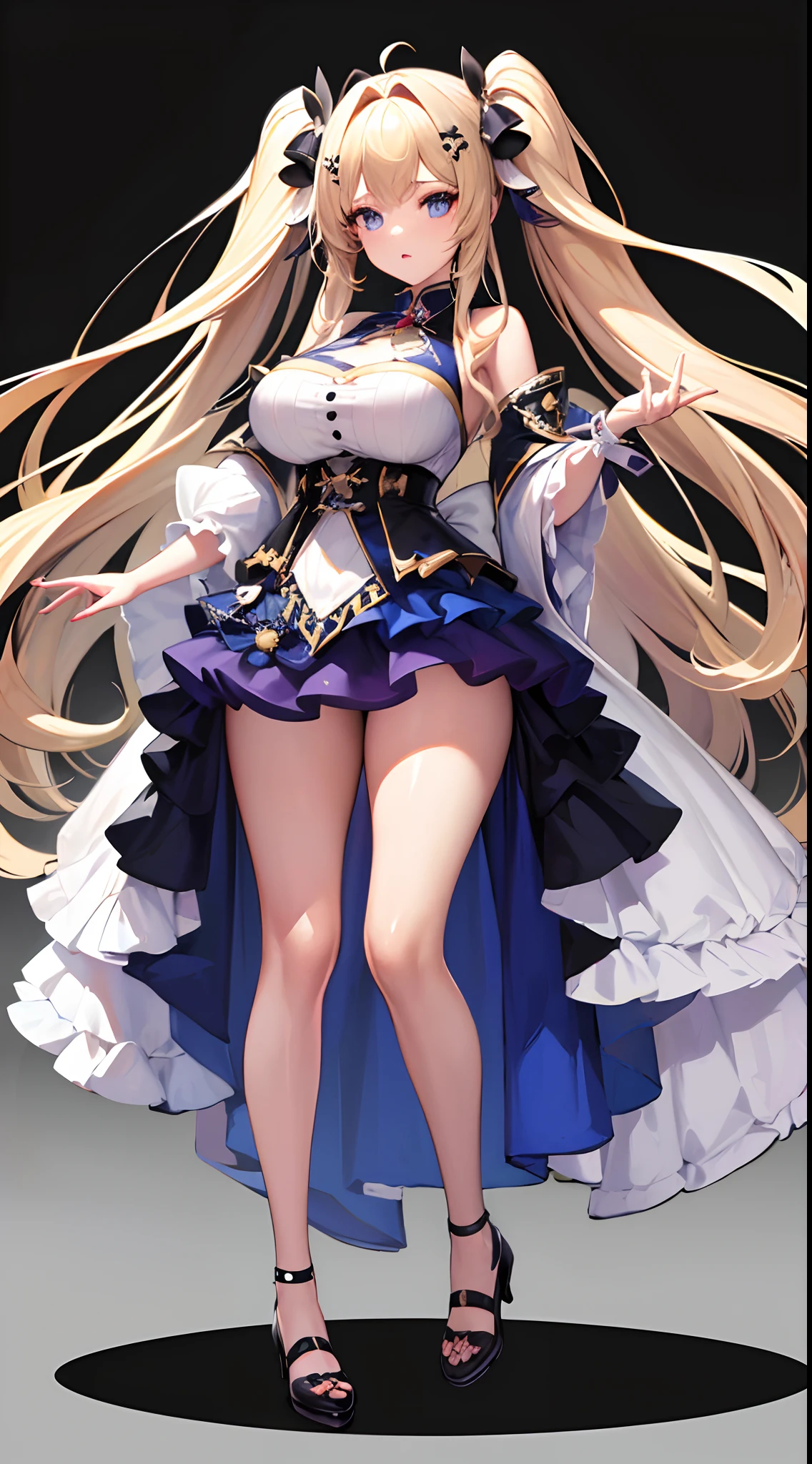 ((Best Quality)), (ultra-detailliert), ((Extremely detailed)), (Beautiful), ((Kawaii Girl)), ((UHD)), (masterpiece), (high quality), (best quality), (4K), (high quality), 1, solo girl, one girl, (hair long two side up), (hair intakes), long hair, parted bangs, (platinum blond hair), ((jade colored eyes)), tsurime, large breasts, paint right up to the tip of the head,((transparent background)),(solo),standing,(wearing shoes on feet),((is wearing Idol Costumes)),good girl, beautiful detailed eyes,good looking,((an extremely delicate and beautiful)),make the eyes the same shape and color on both sides, anime style