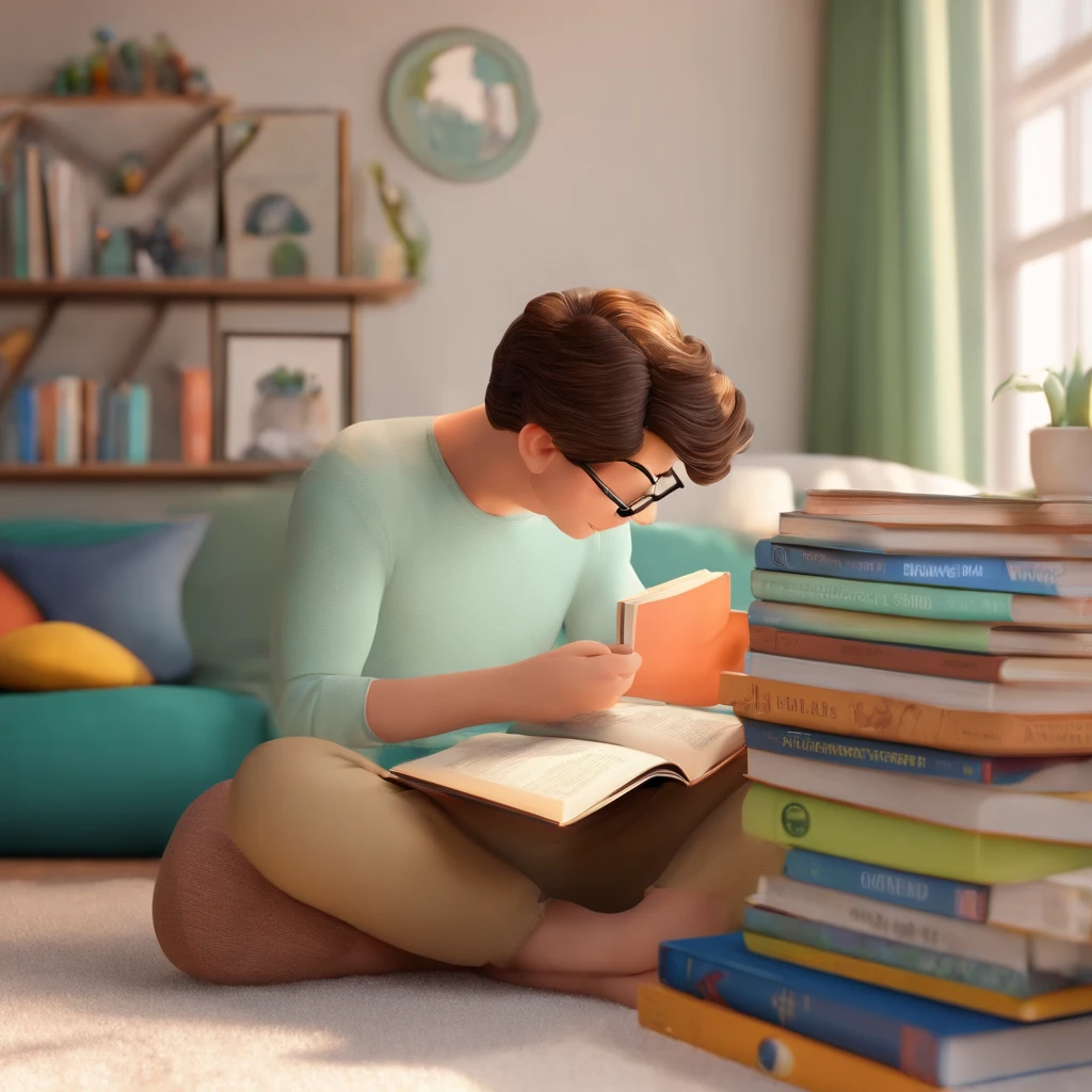 fundo branco, pixar desenhos animados 3D, homem lendo um livro, ::estilo pixar cartoon