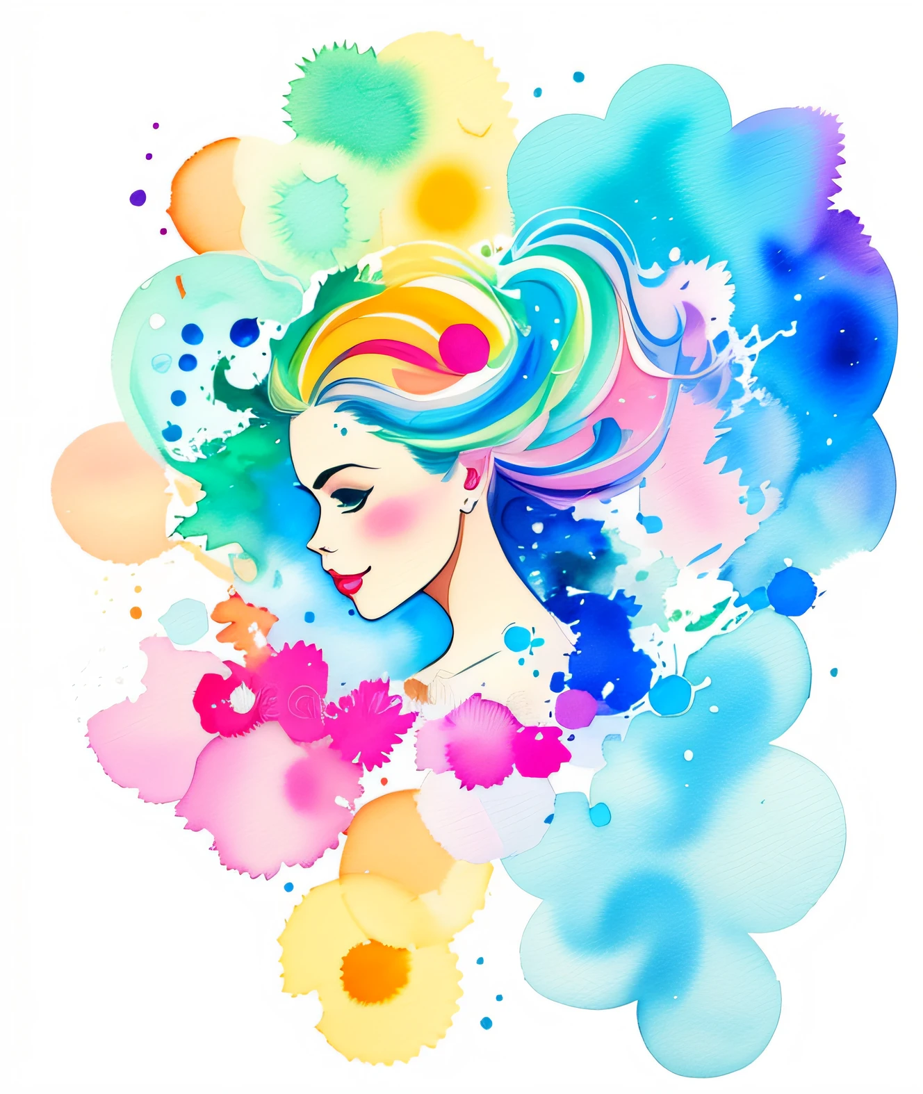 un primer plano de la cara de una mujer con salpicaduras de pintura de colores, a beautiful artwork illustration, Arte vectorial multicolor, Colorful illustration, watercolor illustration style, Estilo de acuarela, Acuarela artestyle, Colorful vector illustration, Hermoso y hermoso arte digital, Colorful illustration, Magnificent digital art, Hermoso arte digital, Mixed media style illustration, Ilustraciones de perfil lateral, Arte colorido