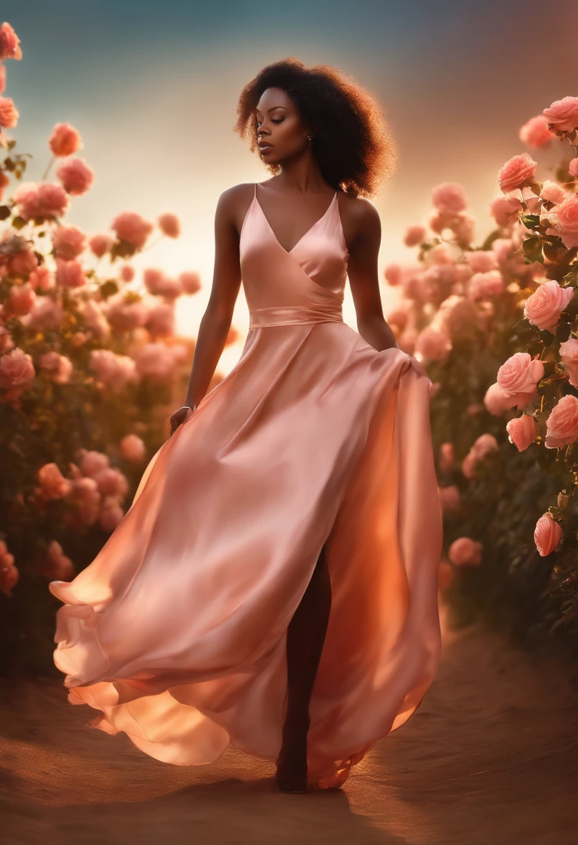 Beautiful black woman dressed in a silk soft dress walking on a rose golden sky, com luz iridescente, imagens altamente detalhadas, cores vibrantes e bonitas, imagem fotorrealista, 32k, Ultra HD |, motor irreal renderizado, Cinematic lighting, arte por Bella box, estilo artgerm, deviantart