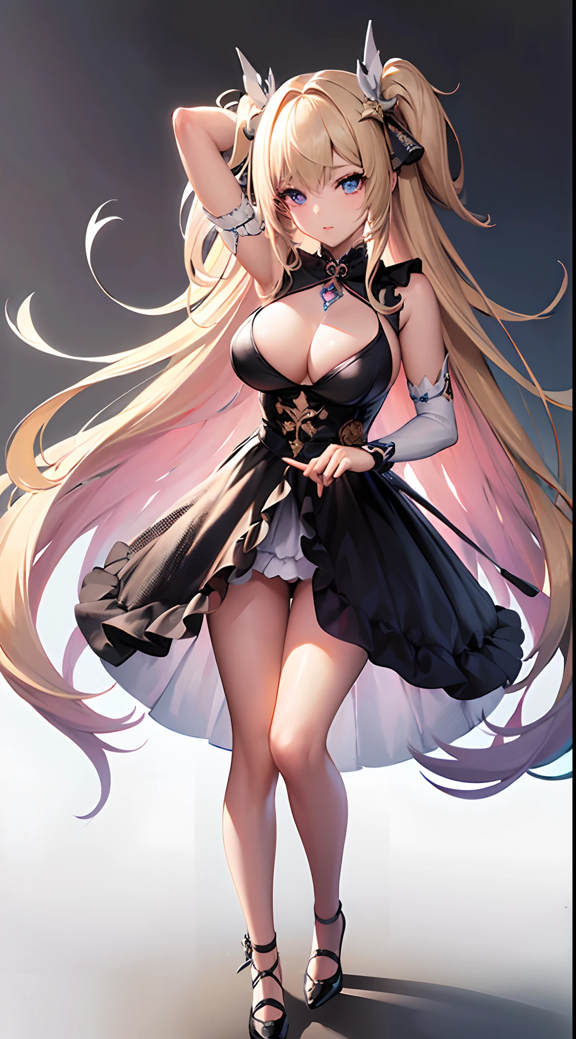 ((Best Quality)), (ultra-detailliert), ((Extremely detailed)), (Beautiful), ((Kawaii Girl)), ((UHD)), (masterpiece), (high quality), (best quality), (4K), (high quality), 1, solo girl, one girl, (hair long two side up), (hair intakes), long hair, parted bangs, (platinum blond hair), ((jade colored eyes)), tsurime, large breasts, paint right up to the tip of the head,((transparent background)),(solo),standing,(wearing shoes on feet),((is wearing Idol Costumes)),good girl, beautiful detailed eyes,good looking,((an extremely delicate and beautiful)),make the eyes the same shape and color on both sides, anime style