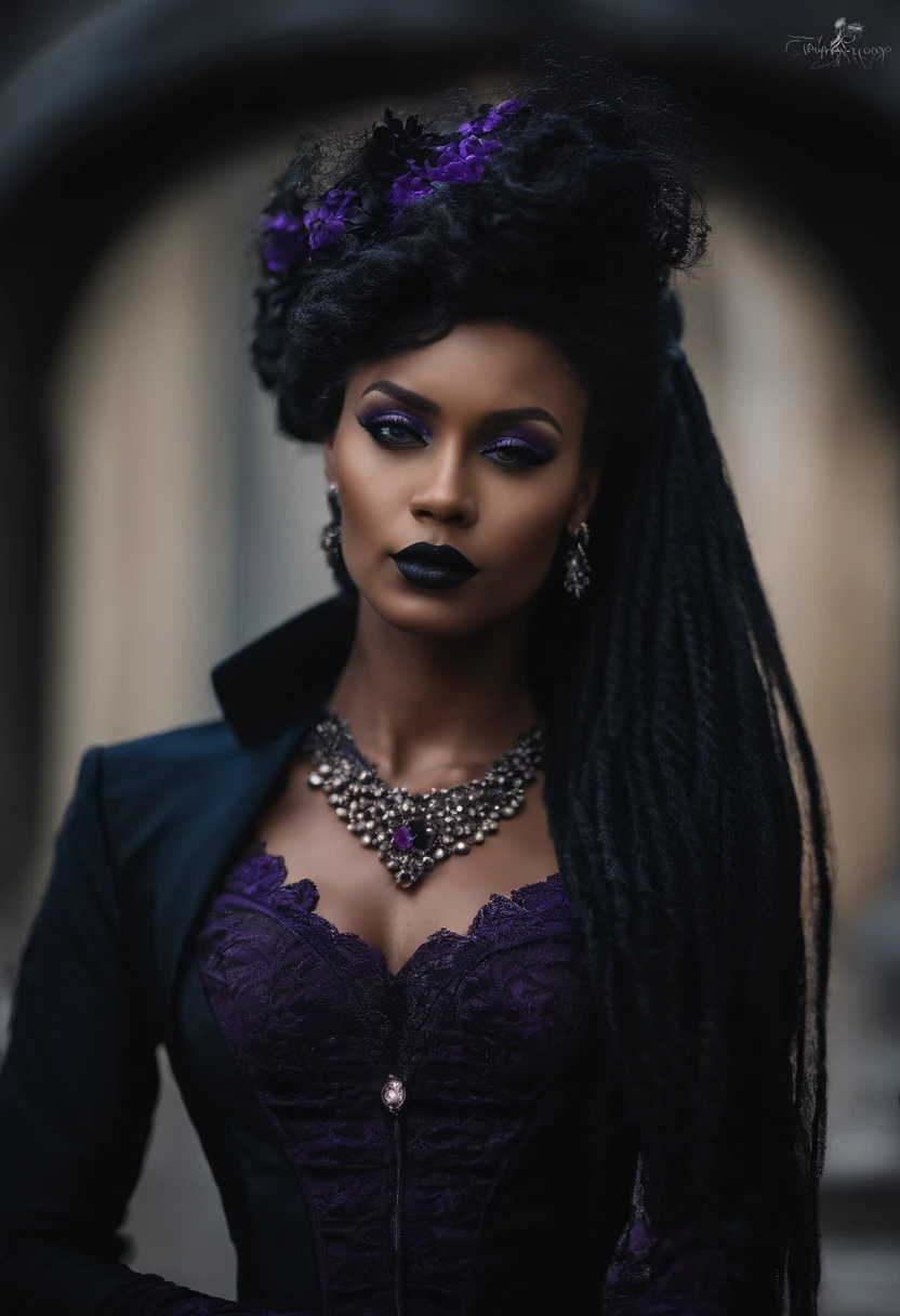 A Gothic Negro, , , com um cabelo pavor, , , Villain, , , roupas pretas com detalhe roxo, , , as roupas seguem um estilo vitoriano.