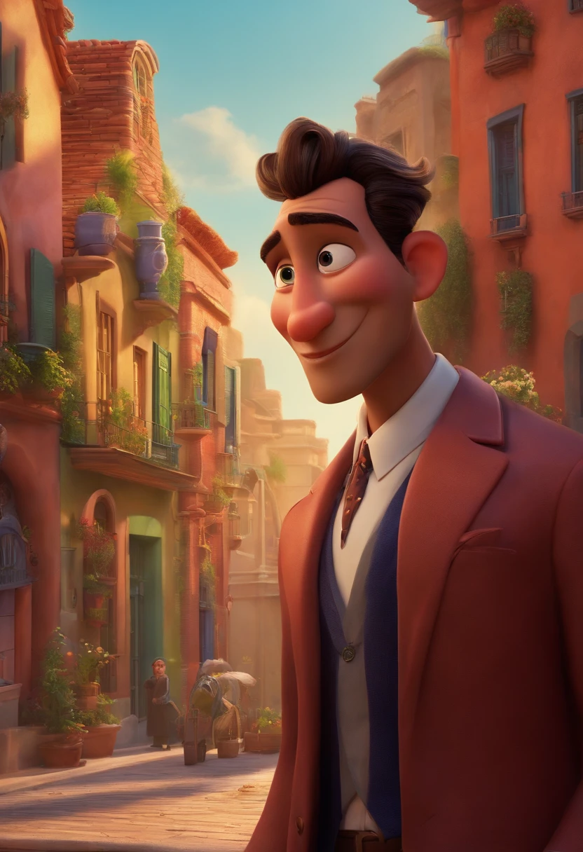 A city councilman looking at a dream project inspired by Pixar animation, de perto. The character takes center stage with captivating facial expressions, oferecendo um toque de irrealidade