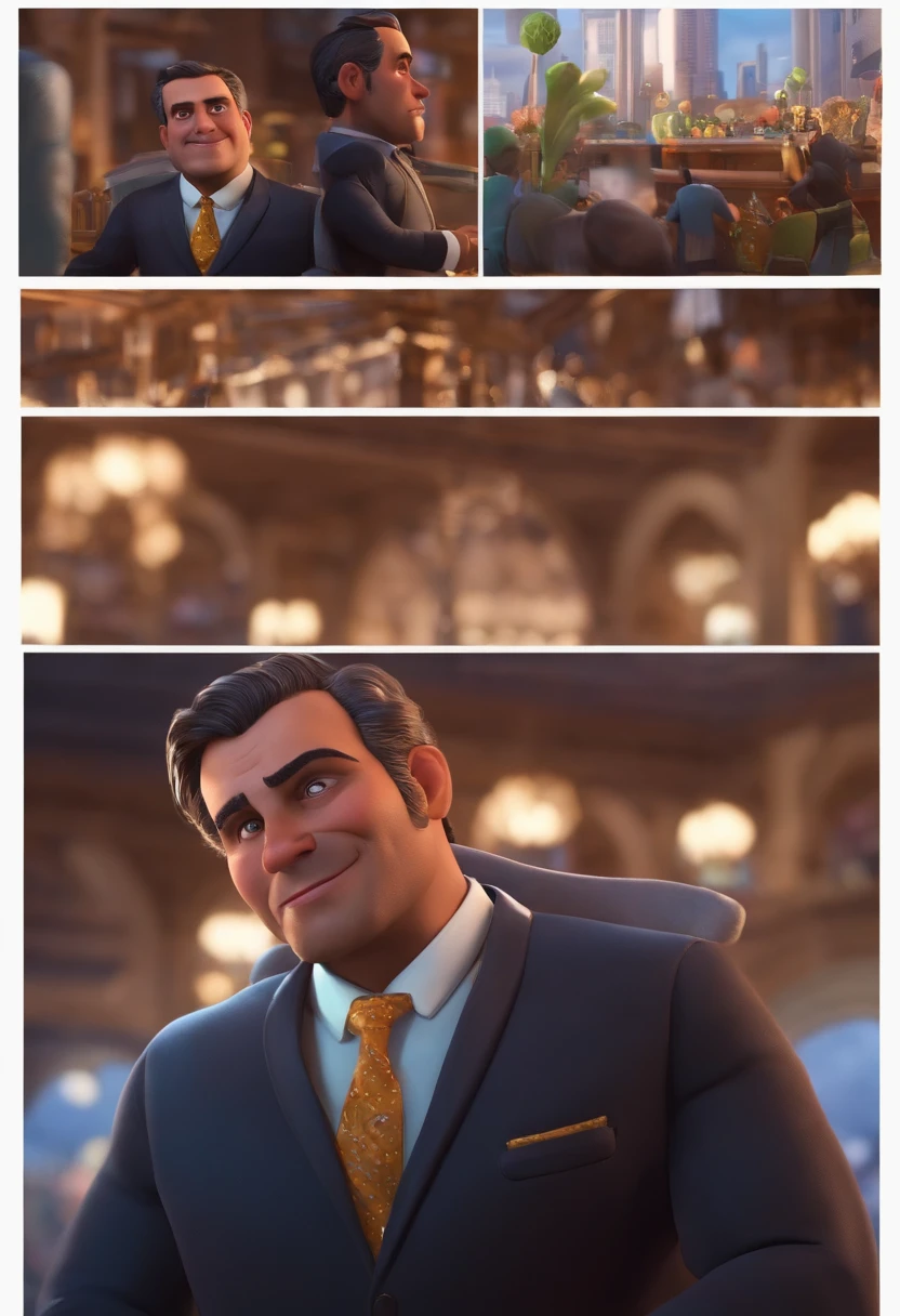 A city councilman looking at a dream project inspired by Pixar animation, de perto. The character takes center stage with captivating facial expressions, oferecendo um toque de irrealidade