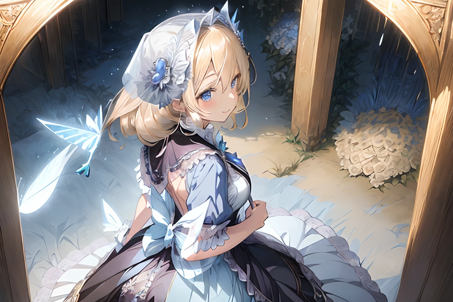 A girl with a dignified appearance,Luxurious and voluminous clothes like aristocracy,Silver and pale blue crown and veil,Side asymmetrical skirt,a blond,Blue eyes,Large fairy wings grow from the back,He has a very happy smile on his face,He had a long cane,、Beyond that, There are big gems,