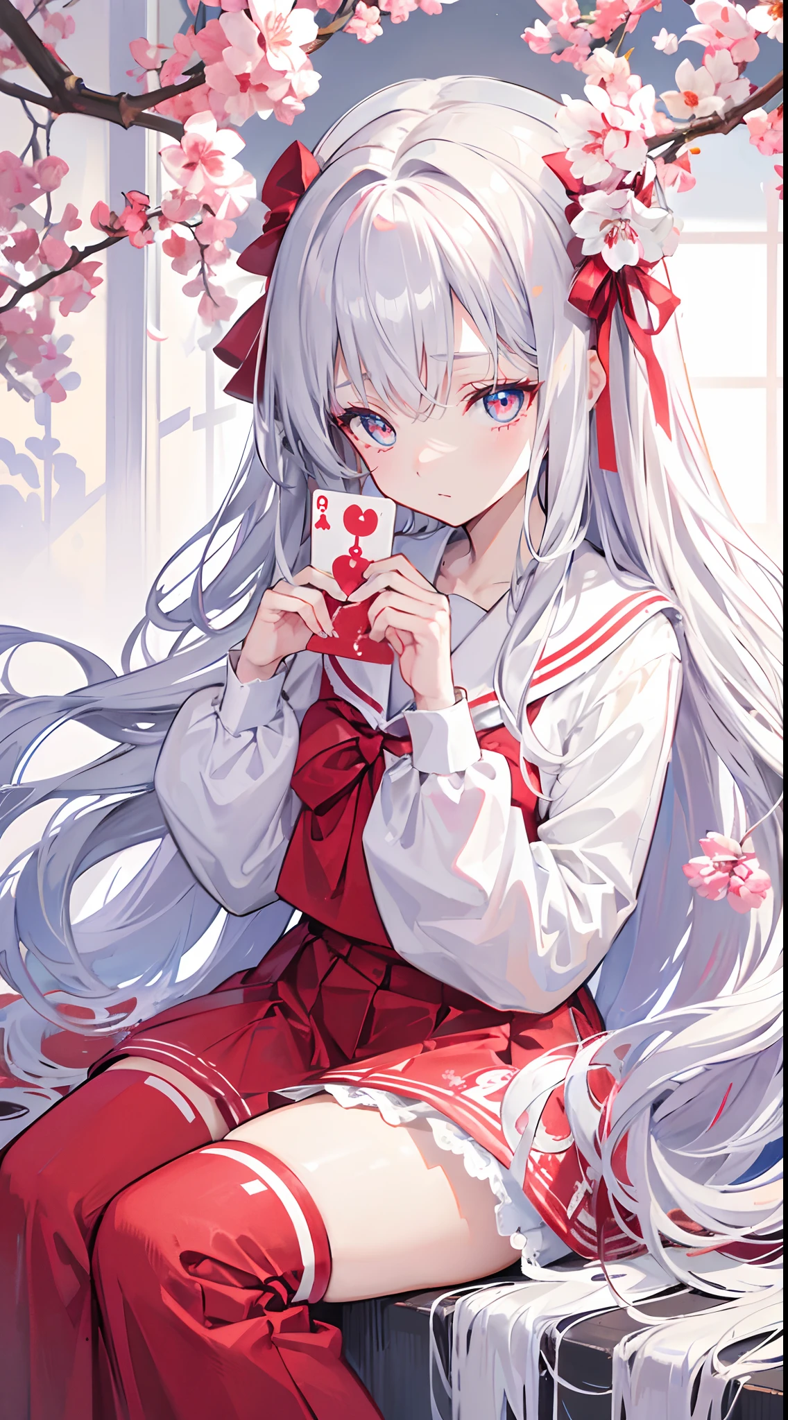 silver-white long hair，Slightly curled hair curtain in the middle，red color eyes，Brush your hair with your hands，D Cup Girl，Cat hair card，Blue and white sailor uniform，A sad expression，largeeyes，sakura flowers falling