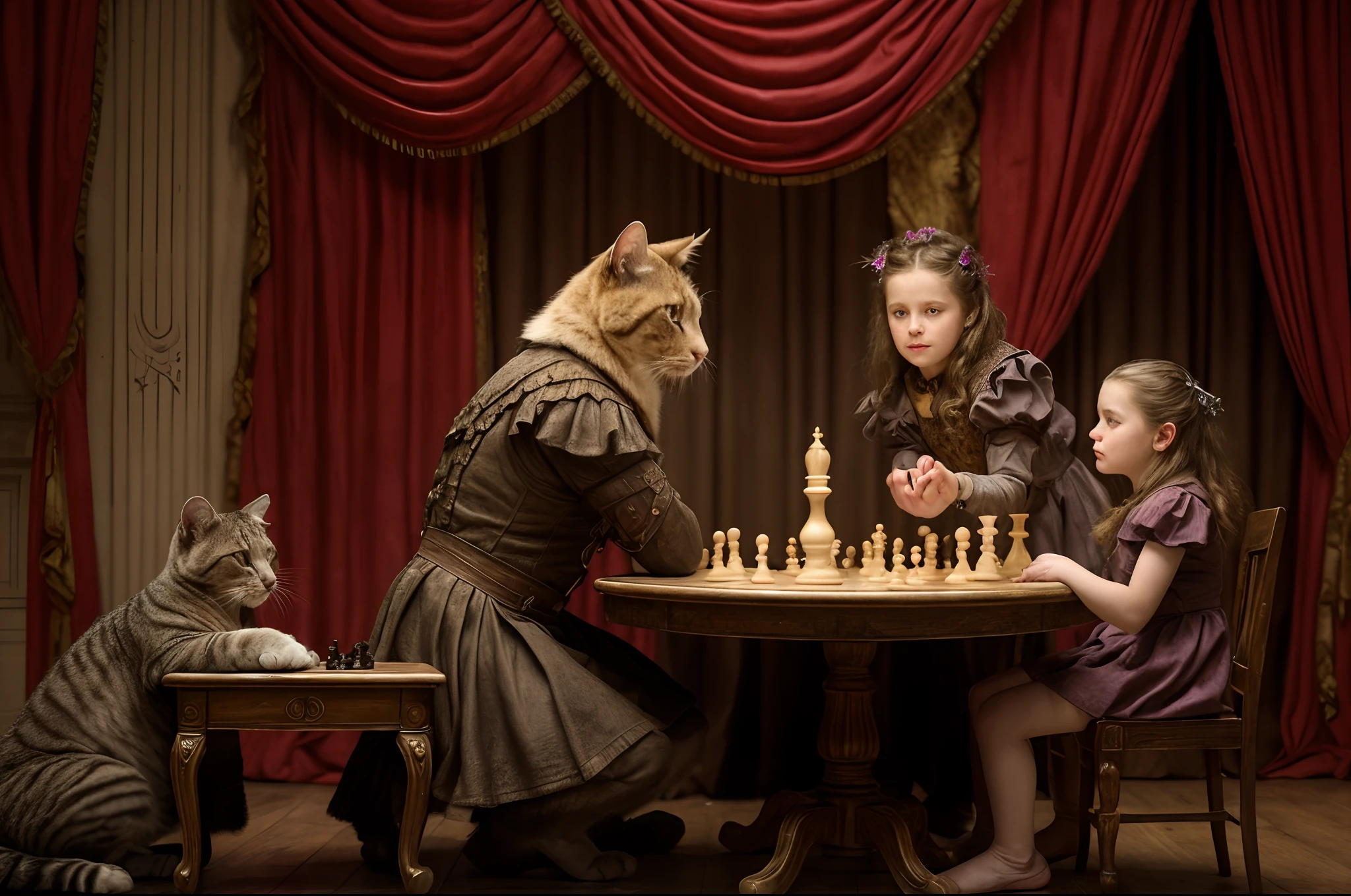 Realistic, photorealistic, RAW photo, ultra detailed, cinematic lighting, (surrealism: 1.2), theater stage with curtain down,  girl playing chess vs big anthropomorphic cat, they leaned over the table and look at each other almost touching their heads, detailed face and eyes, vivid colours, masterpiece, Cinematic composition, aesthetic of fairytale, Centered image.