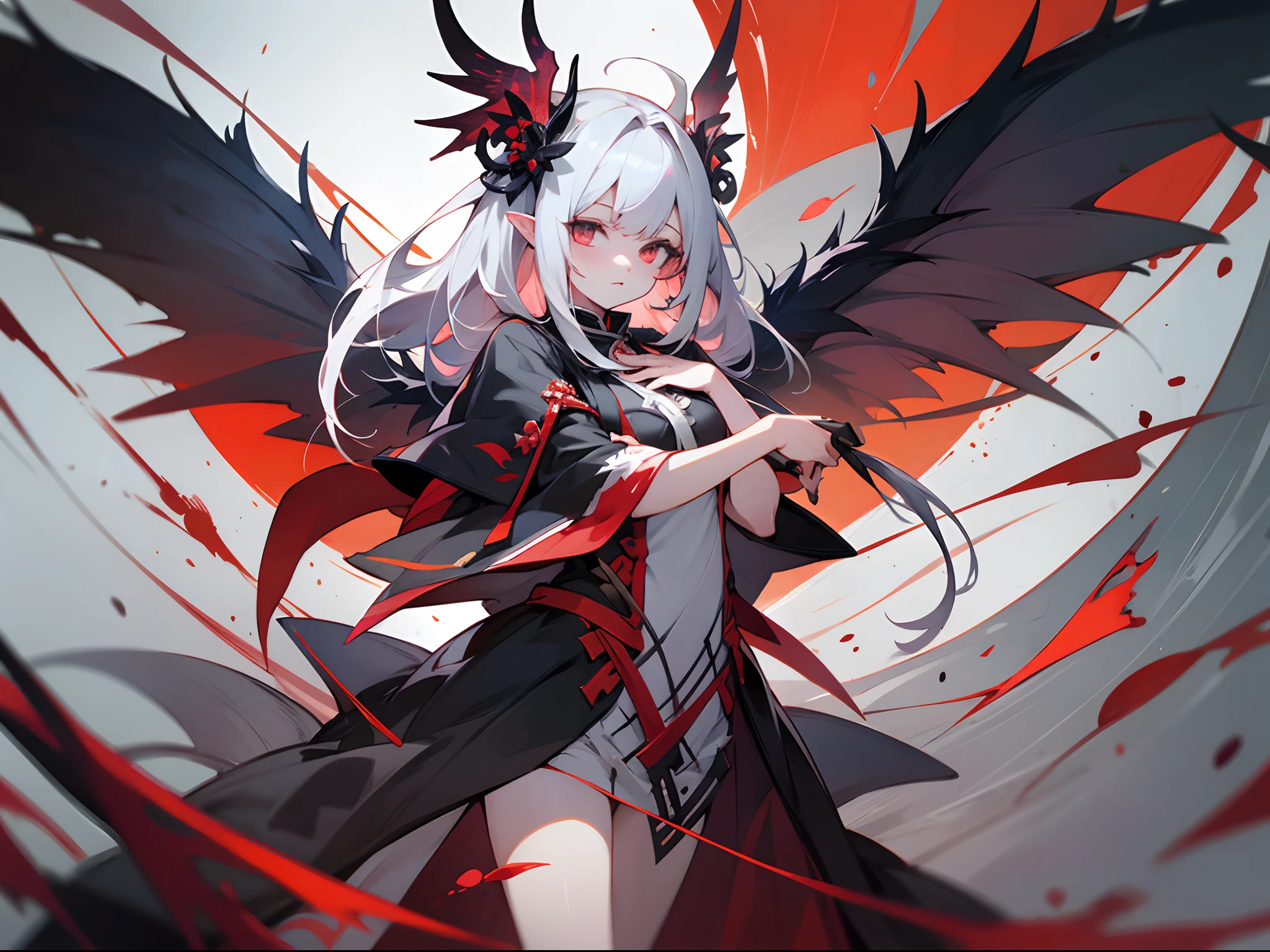 Anime anime wallpaper HD anime wallpaper HD wallpaper, Onmyoji detailed art, From Arknights, yandere intricate, blood moon tentacles!!, Detailed key anime art, shalltear bloodfallen, demon anime girl, shadowverse style, gapmoe yandere grimdark, Official artwork, Key anime art, anime key visual concept art of, Queen of Blades，（tmasterpiece，best qualtiy）Thin and tall figure，The height is about six feet。pale-skinned，The tone is slightly sick，The hair is silvery-white，The eyes are red，There was a strange light shining，The wings are asymmetrical，The right wing is slightly larger than the left，The skin on the surface of the wings is gray。The tail is similar to the tail of a reptile，The surface is covered with fine scales，The same gray。The end of the tail is sharp，A mixture of human and non-human traits，It gives a strange and disturbing feeling。
