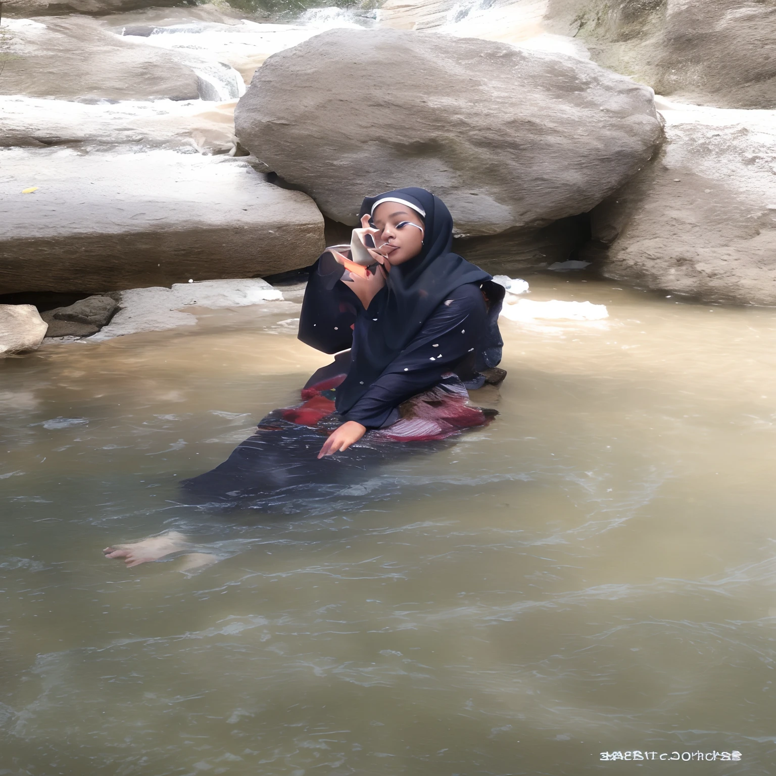 there is a woman sitting in the water with a cell phone, in water, in the water, in lake, in a lake, in a pond, in a river in the jungle, in an icy river, see fishes swimming, in water! up to shoulders, in the sea, with a waterfalls, standing in a shallow river, bathing in a waterfall