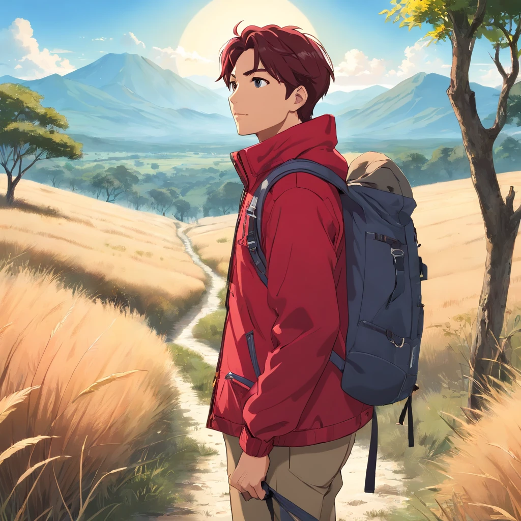 "(majestic hiker guy wearing red jacket and bag carrier standing tall in a sunlit savannah:1.3)"