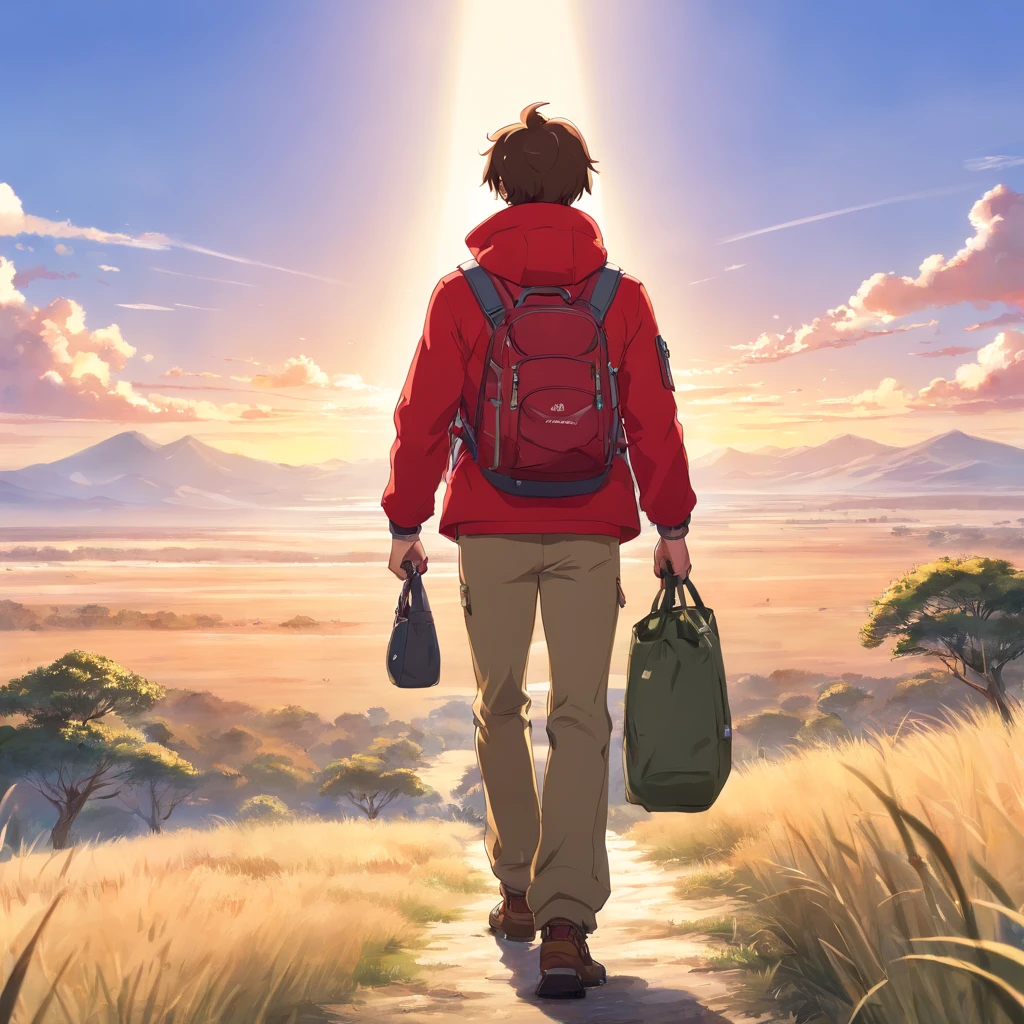 "(majestic hiker guy wearing red jacket and bag carrier standing tall in a sunlit savannah:1.3)"