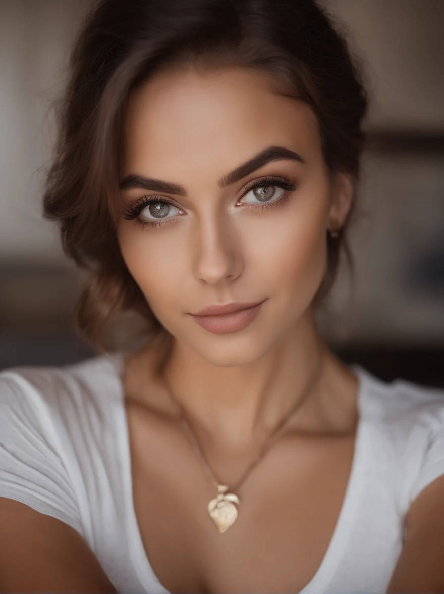 portrait Arafed woman in white T-shirt and necklace, sexy girl with hezaleyes, body shot, brown hair and large eyes, selfie of a young woman looks underage, tiny, slim, bedroom eyes, violet myers, no makeup, natural makeup, looking straight at camera, face with artgram, fine makeup, Piercing hazel eyes, beautiful angle, attractive pose, Sweet girl, passport portrait, brunette godess,