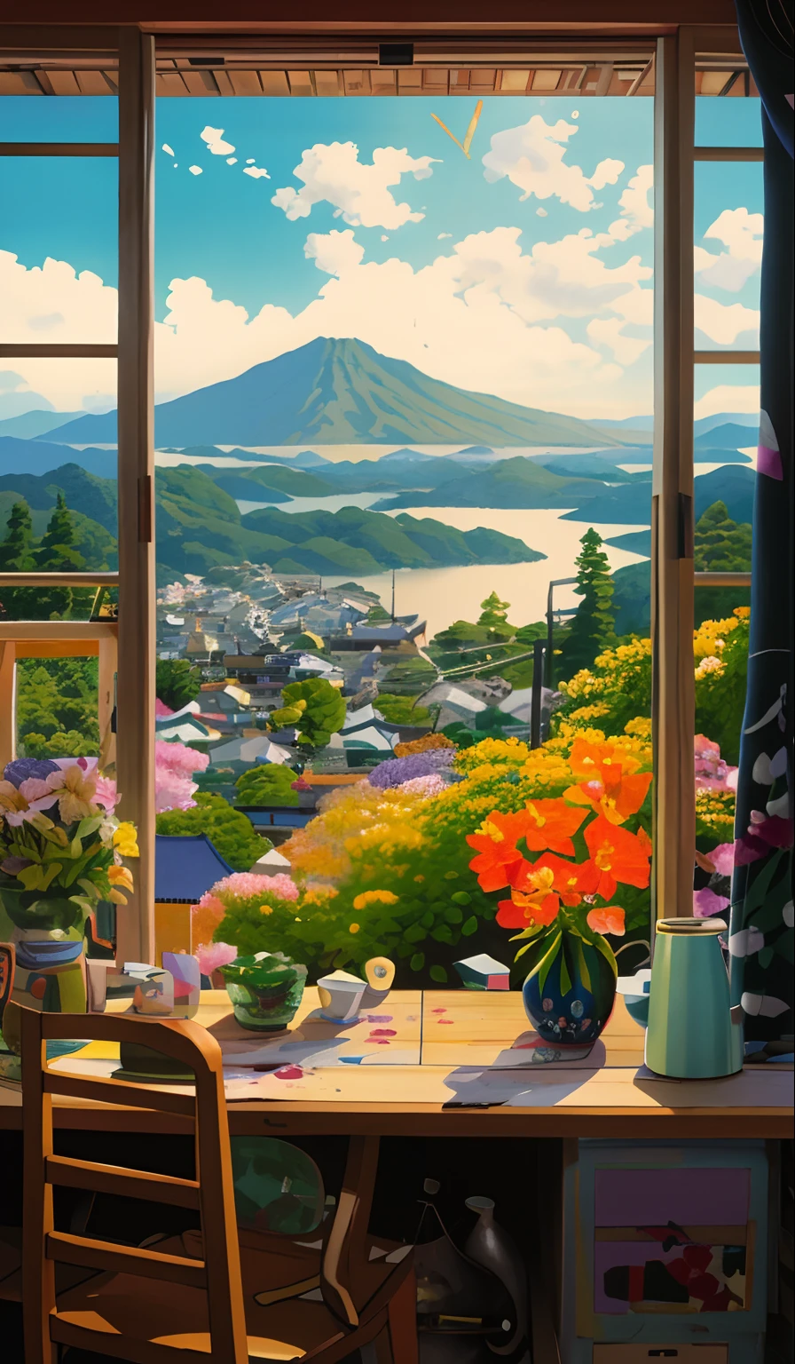painting of a table with a vase of flowers and a vase of flowers on it, hiroya oku painterly, by Naomi Okubo, detailed scenery —width 672, by Yamagata Hiro, scenery art detailed, detailed painting 4 k, jen bartel, scenery artwork, detailed scenery, inspired by Kawase Hasui, heroine japan vivid landscape