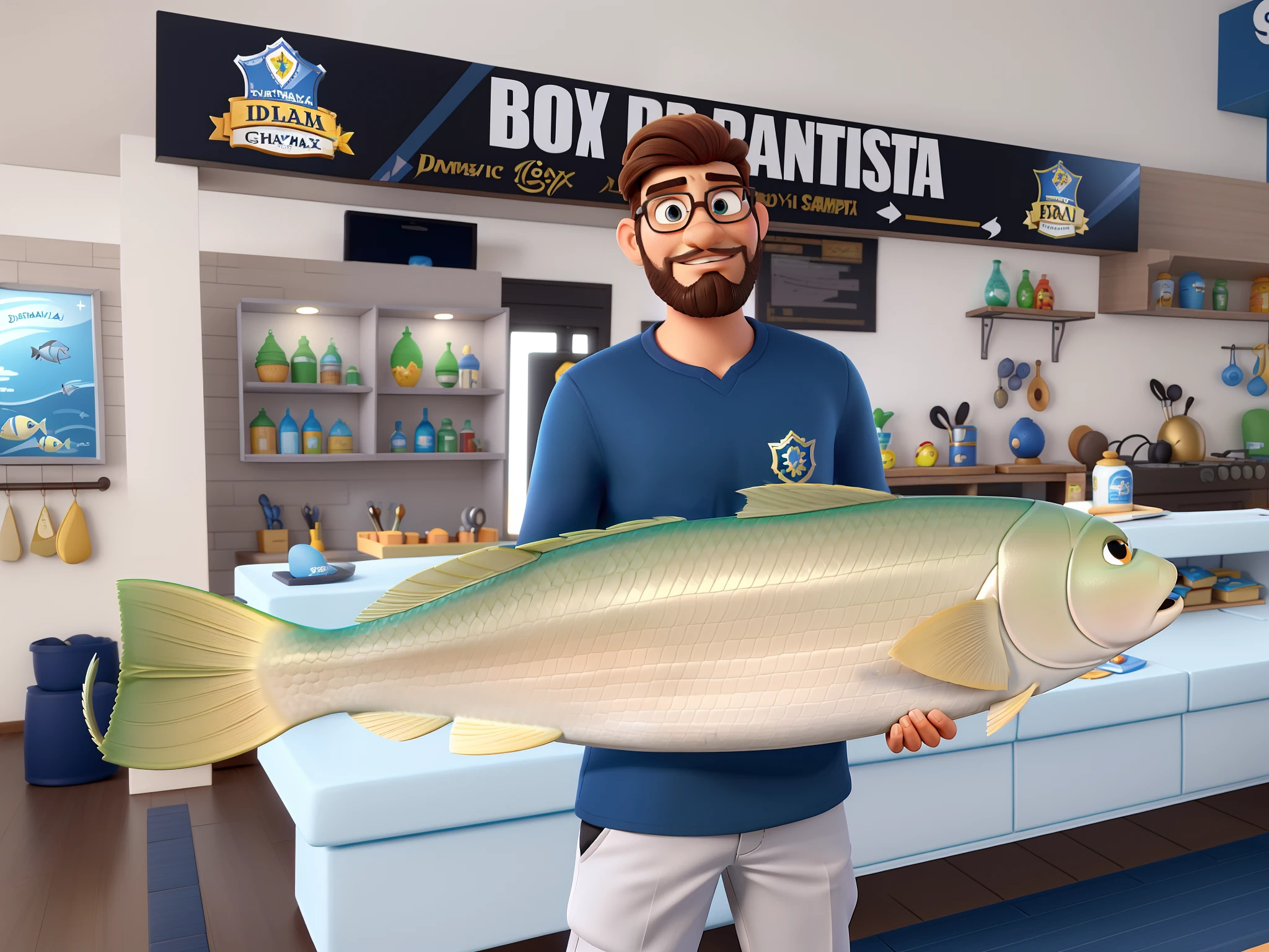 Homem (dono de peixaria) (cabelo e barba grisalho) (without glasses) segurando um peixe grande, fundo da imagem com o nome box do santista no estilo Disney Pixar, alta qualidade, melhor qualidade.