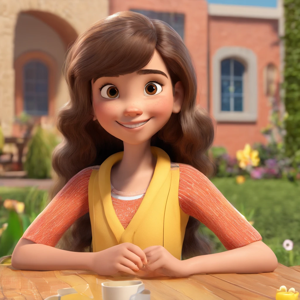 Imagem de uma menina 10 anos estilo pixar, with a reference from a light-skinned Brazilian woman, tem cabelos longos com franja, is smiling, Her hair and eyes are brown in color, Got a black cat and Bum white cat, deitado no jardim