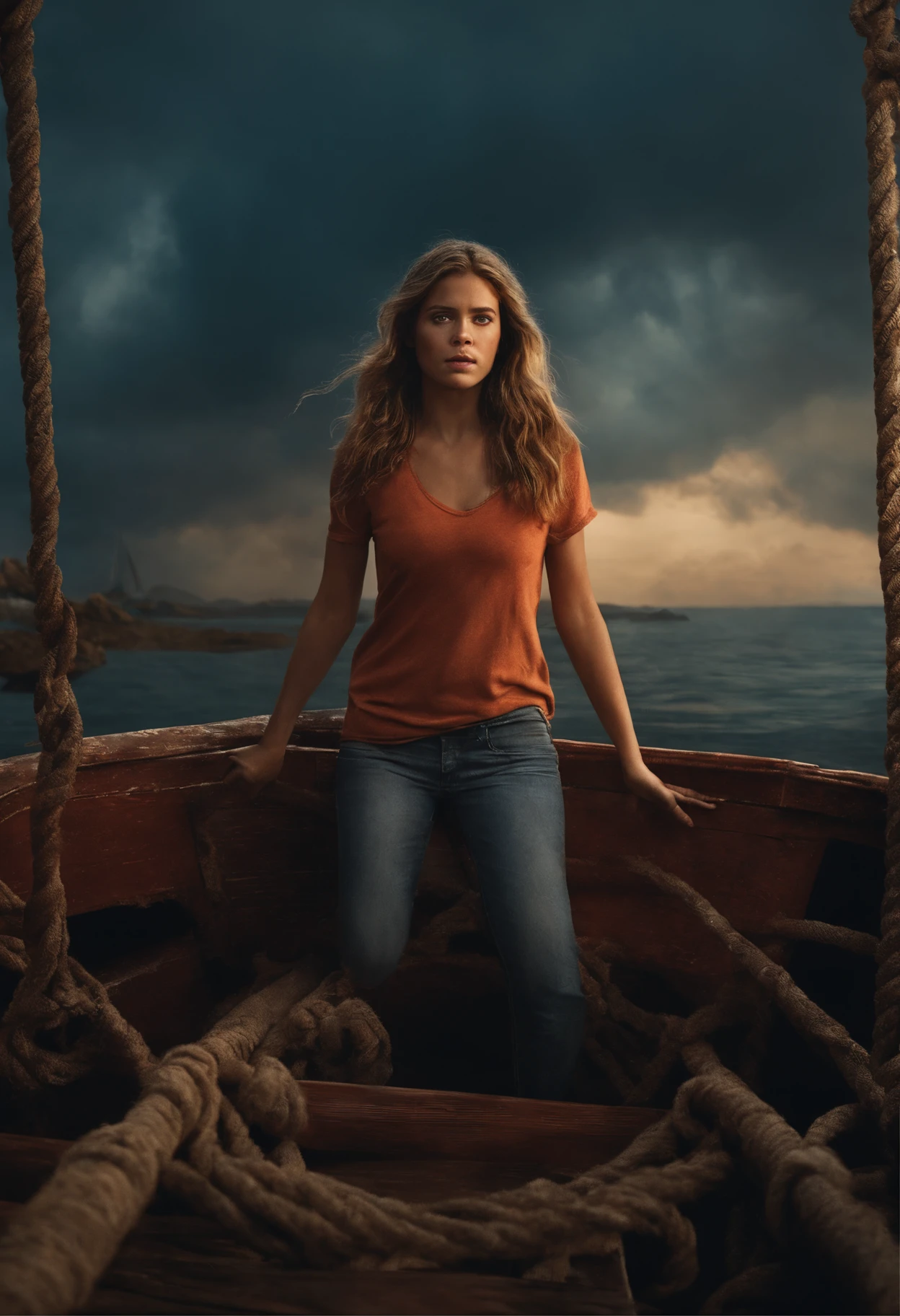 Apresentando o protagonista, uma jovem chamada Ellie. She is shown alone, Sailing through the wreck, Her face reflecting determination and resilience. The camera magnifies the hope that shines in your eyes.