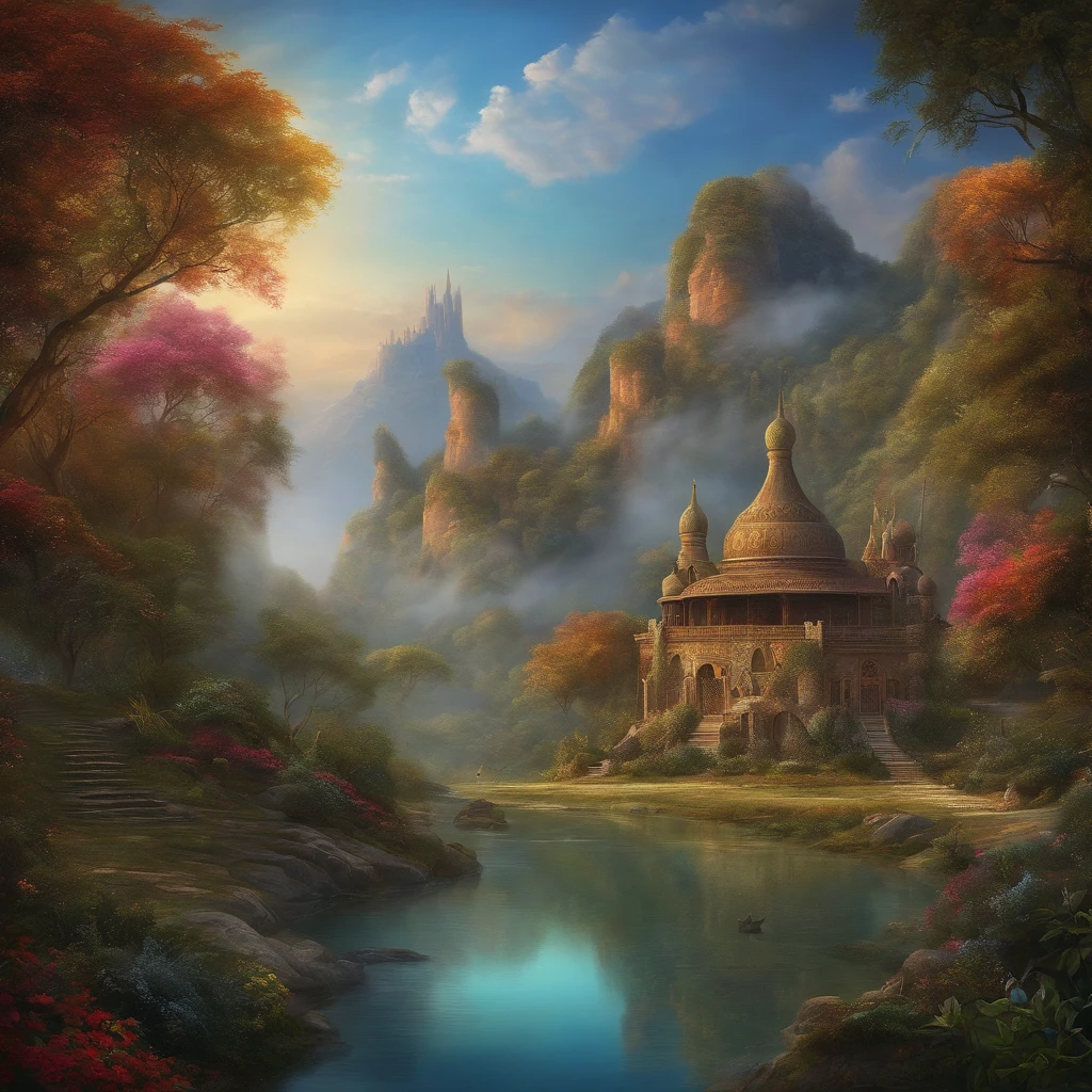 An artist's depiction of a mysterious world, com paisagens exuberantes e seres humanos antigos.