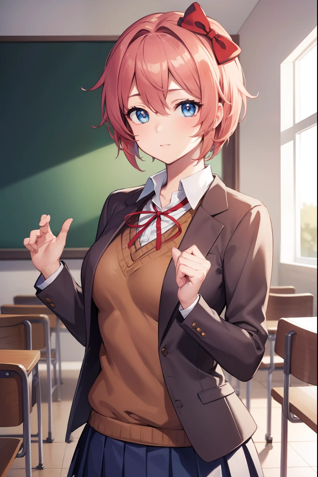 ddlcsayori, ddlcsayori, blue eyes, hair between eyes, hair bow, hair ornament, pink hair, red bow, short hair,
BREAK blue skirt, pleated skirt, school uniform, skirt, brown jacket, jacket,
BREAK looking at viewer,
BREAK indoors, classroom,
BREAK (masterpiece:1.2), best quality, high resolution, unity 8k wallpaper, (illustration:0.8), (beautiful detailed eyes:1.6), extremely detailed face, perfect lighting, extremely detailed CG, (perfect hands, perfect anatomy),