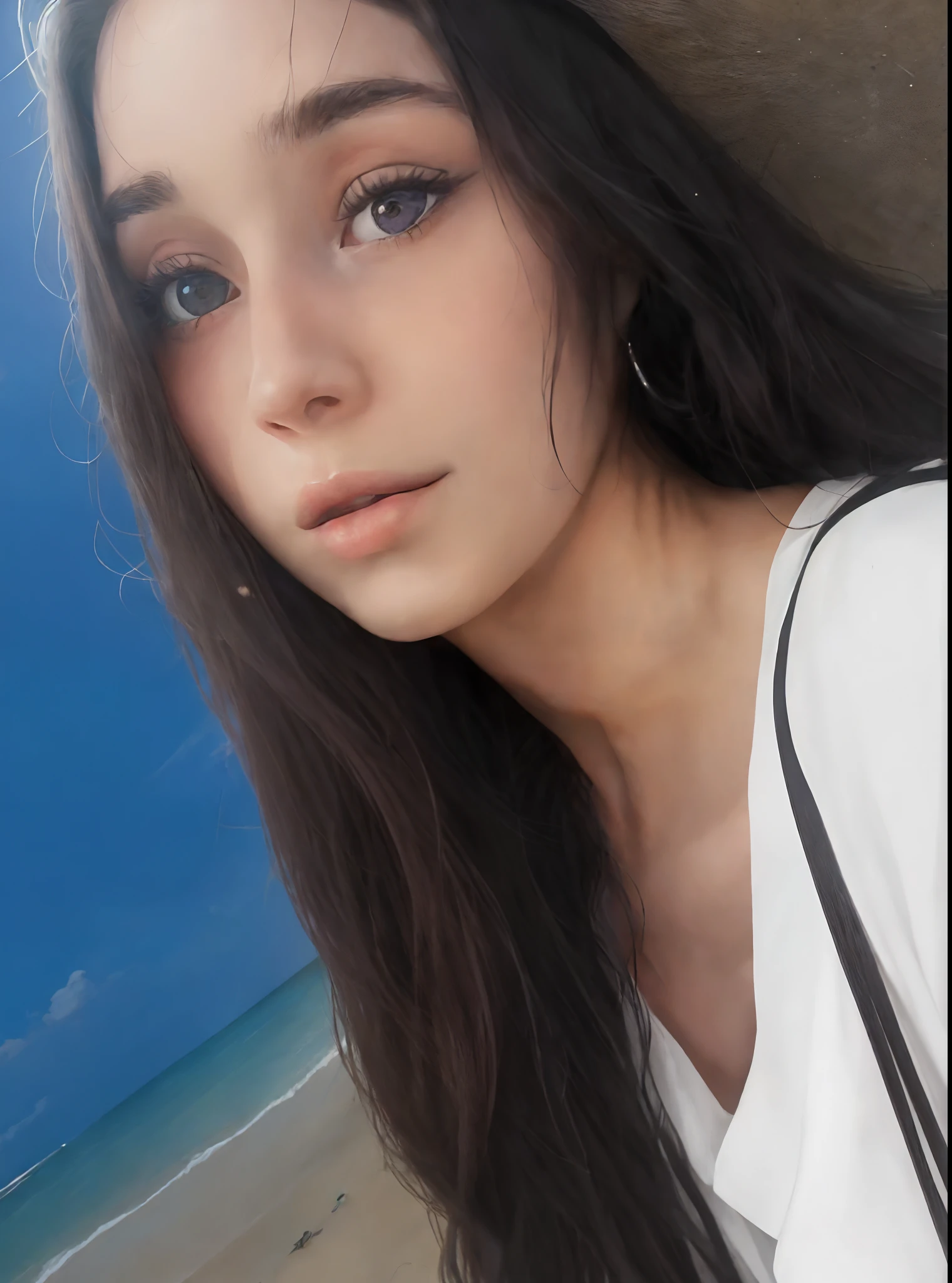 arafed woman with long hair and a white shirt posing for a picture, alanis guillen, 18 years old, violet myers, 19-year-old girl, 1 , profile image, looks like fabiula nascimento, 30-year-old woman from cuba, imane anys, gorgeous latina face. On the beach