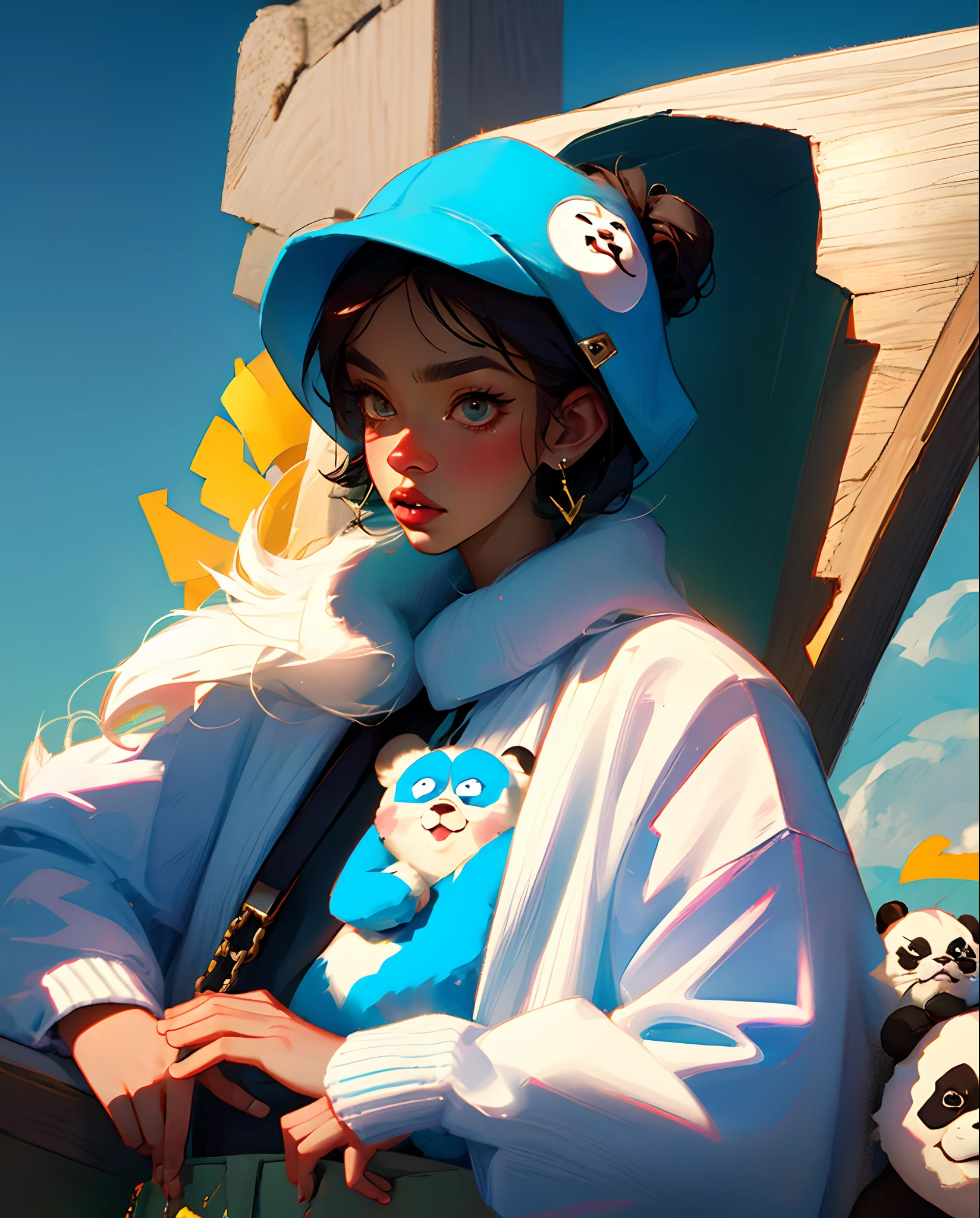 hyper realistic Mordecai from regular show, wearing off-white and panda dunks, kissing CJ from regular show wearing Chanel earrings and Gucci sweater
