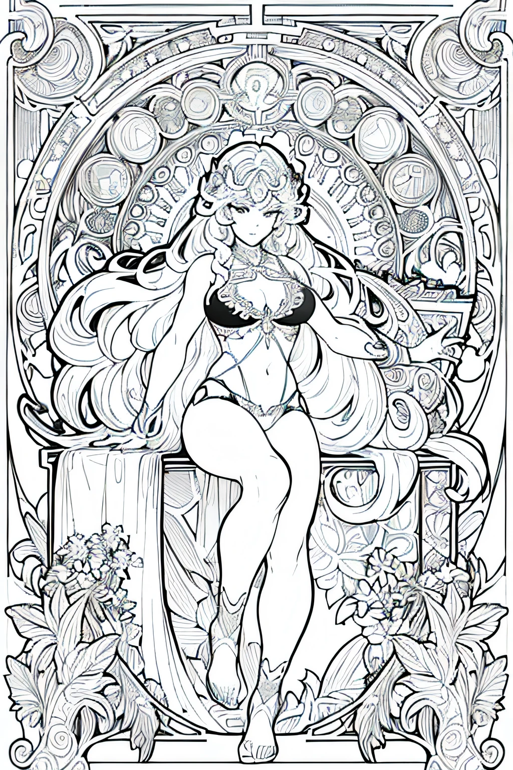 A gorgeous bikini model, long curly hair, blonde, tropical frame, decorative panel, abstract
Art by Alphonse Mucha, sketch, black and white coloring book page, character lines and scenes without colors and shadows.
(Masterpiece, Best Quality, Highres:1.4), Detailed, Intricate Details, 4K, color splashes, line art, fibonacci,
