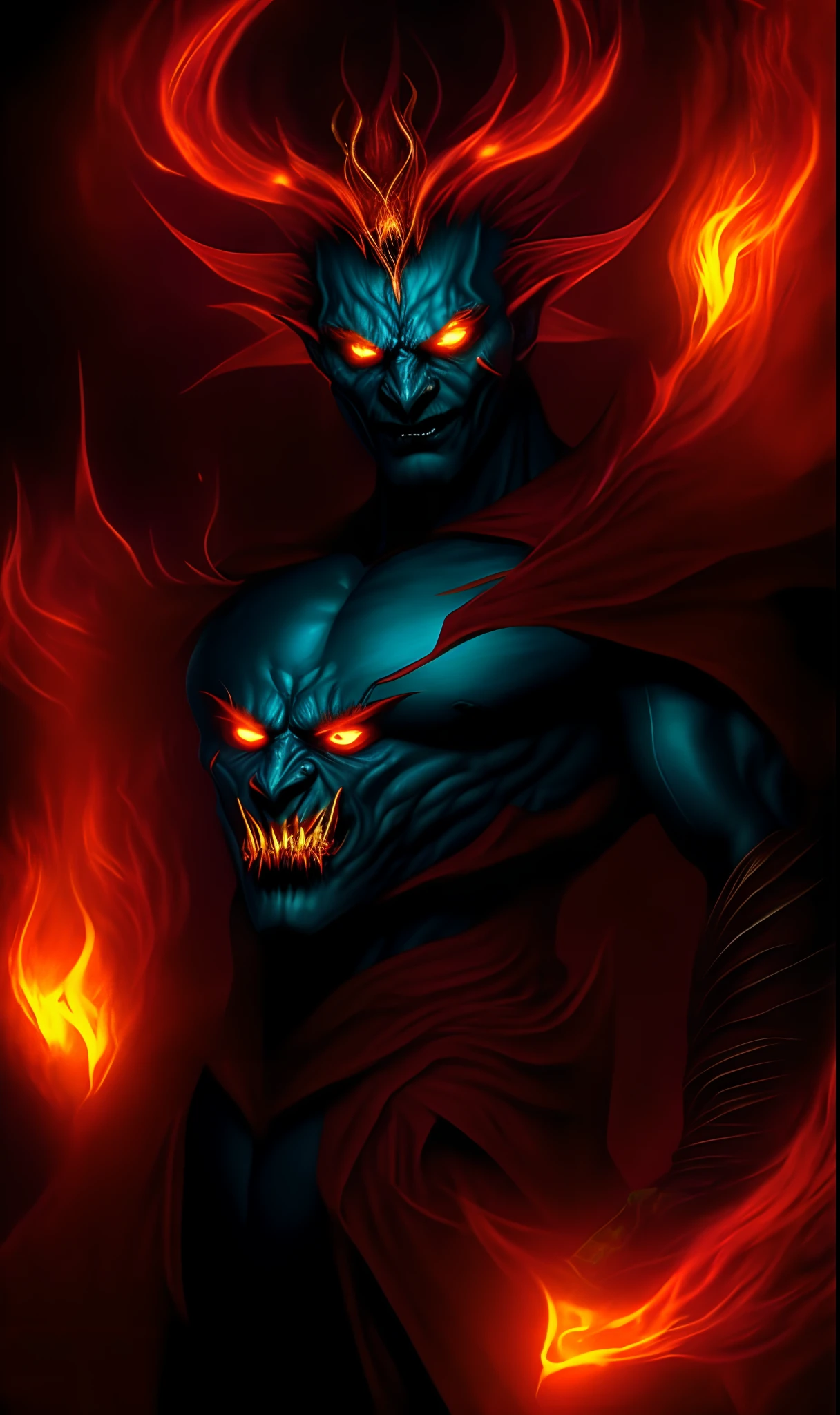 a close up of a demonic looking man with a glowing face, male djinn man demon hybrid, djinn man male demon, demon male, lord of cinder, human male demon, fire demon, portrait of hades, muscled humanoid balrog demon, ruler of inferno, man male demon, demon lord, beautiful male god of death