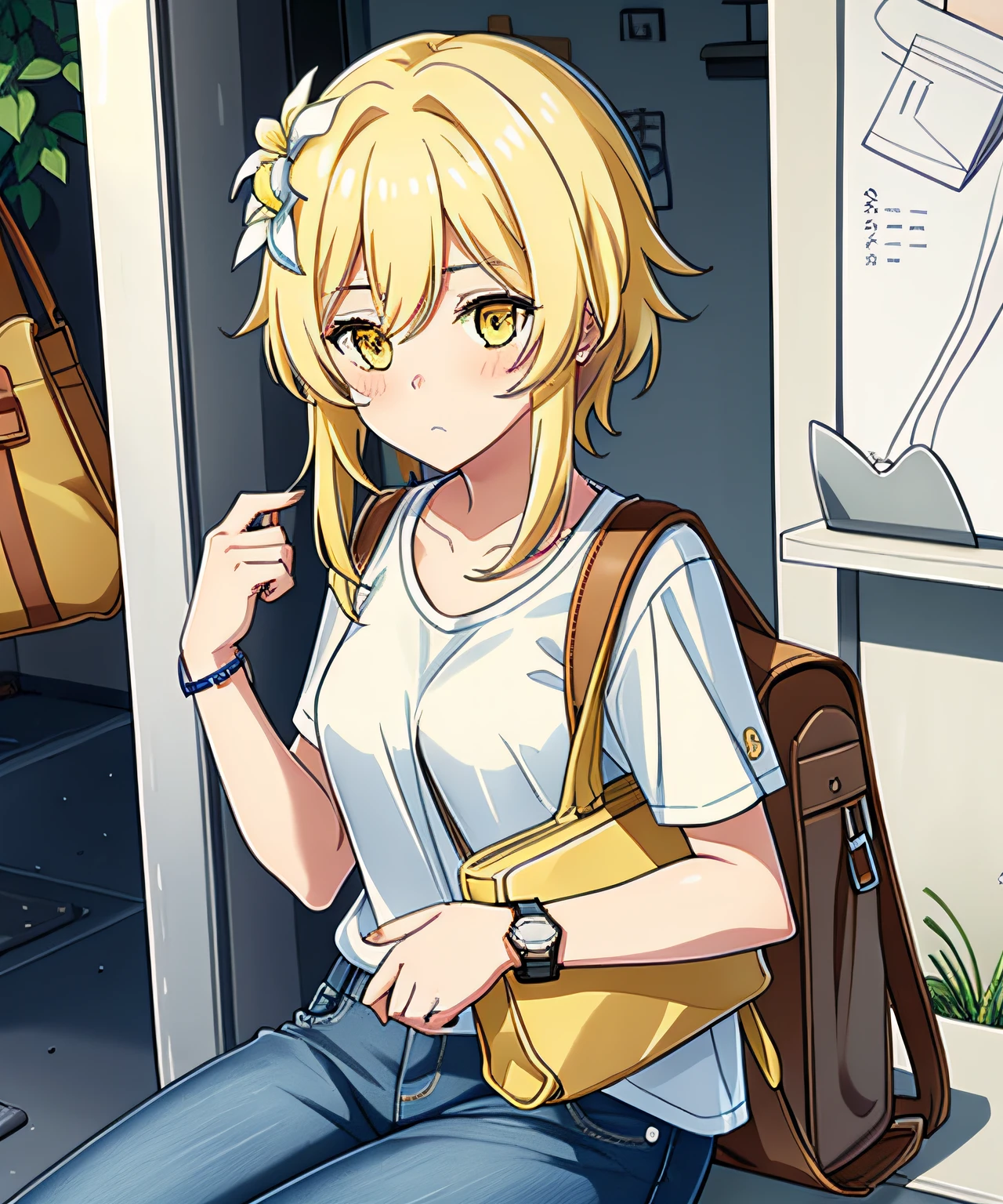 1girl in, Lumine, backpack, Bag, Bangs, flower, Blonde_hair, blush, Bracelet, breasts, mobile phone, cup, day, denim, Handbag, jeans, Jewelry, up looking_で_viewer, Closed_Mouth, Pants, phone, poster for_\(objects\), yellow_Eyes, Shirt, Short_hair, Short_sleeves, Shoulder_Bag, side locks, Sitting, Smartphone, Solo_Focus, Watch, white_Shirt, wrist watch, Detailed eyes