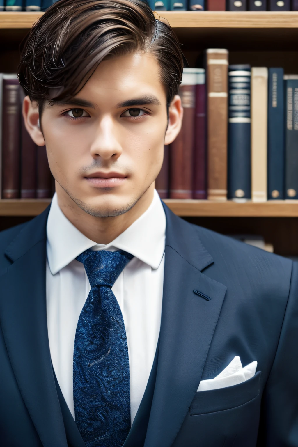Man in suit and tie, Dressed in a suit, Wear a strict business suit, Wear a navy blue business suit, Wear a wetsuit, attractive man, completo , face perfect, Beautiful and graceful straight gaze,No beard (clean shaven),Blue tie with paisley pattern,japanes,twinks,The place is the library,