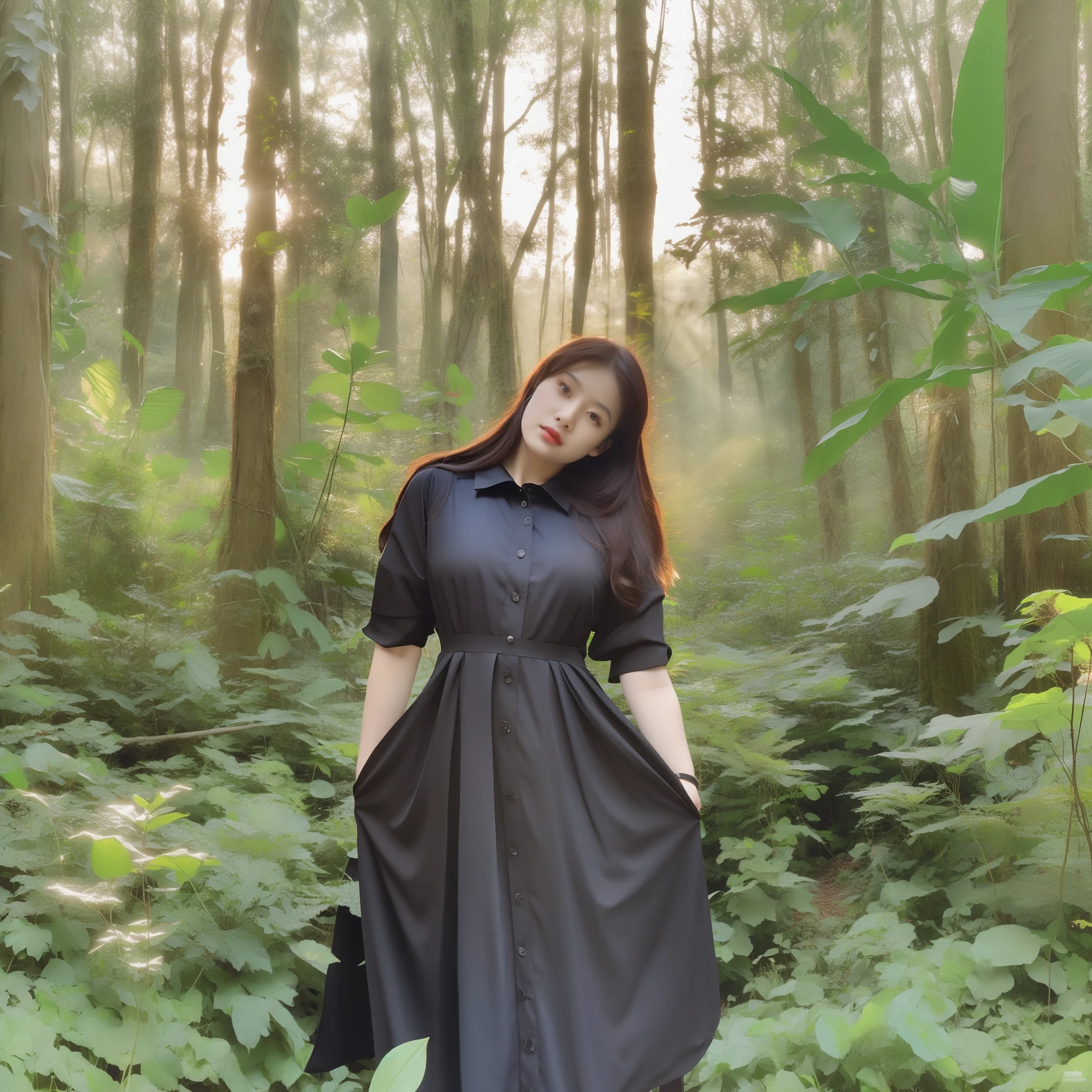An Arad woman in a black dress stands in the forest, in front of a forest background, standing in the forrest, at a forest, in the middle of nature, Standing in the forest, in deep forest, In a forest, standing in forest, in forest jungle, in jungle forest !!!, in jungle forest, looking majestic in forest, in a tropical forest