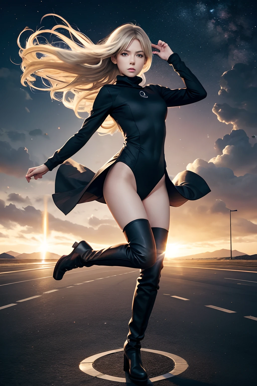 masutepiece, Best Quality, Agrias, grey sweater, Black Leotard, twirl, spin, Blonde hair, Superhero, long boots, tornado, Whirlwind, Solo, Bare legs, billowing, Wind-effect, Spinning into a tornado, Fast spin, to stand, Time travel, Space-Time Travel, highleg, Perfect hands, Perfect fingers, highleg leotard, Turning on the power, Tornado spiral