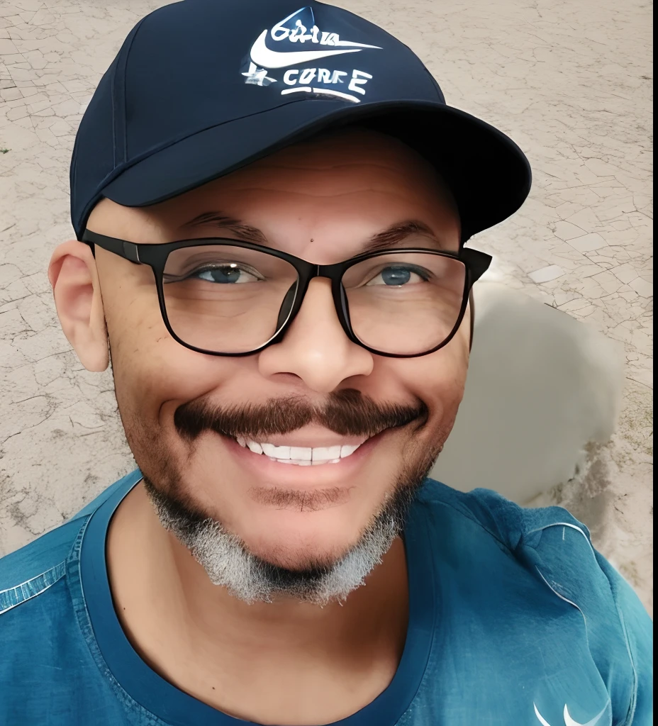 A closeup of a smiling cartoon character with glasses, Blue Nike Cap, casaco de ganga e tshirt branca.