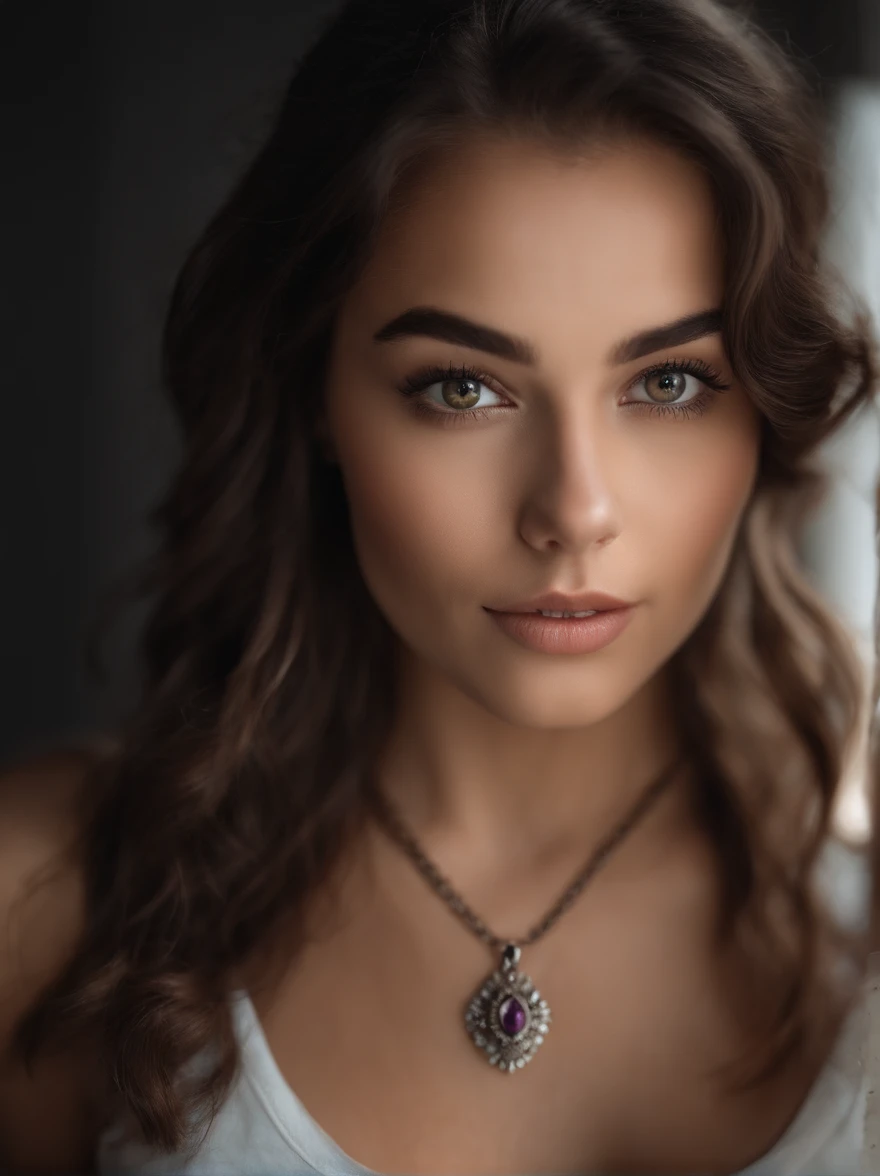 portrait Arafed woman in white T-shirt and necklace, sexy girl with hezaleyes, body shot, she is posing in photo studio neutral background, brown hair and large eyes, full body picture of a young girl looks underage, tiny, slim, bedroom eyes, violet myers, no makeup, natural makeup, looking straight at camera, face with artgram, fine makeup, Piercing hazel eyes, beautiful angle, attractive pose, Sweet girl, passport portrait, brunette godess,