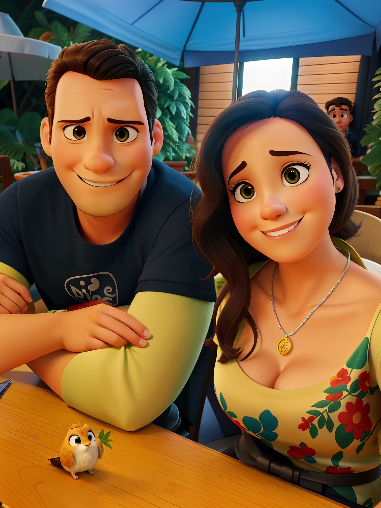 Casal estilo Disney pixar, alta qualidade, Sitting at table with foliage behind