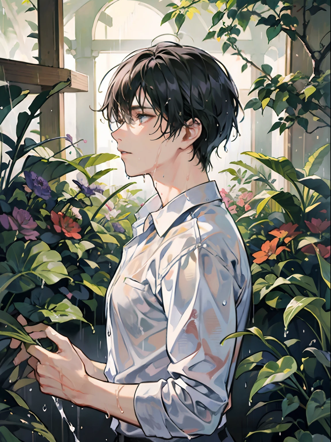 mastrepiece, 1 man, expresionless, wet hair, wet clothes, heavy rains, flower garden