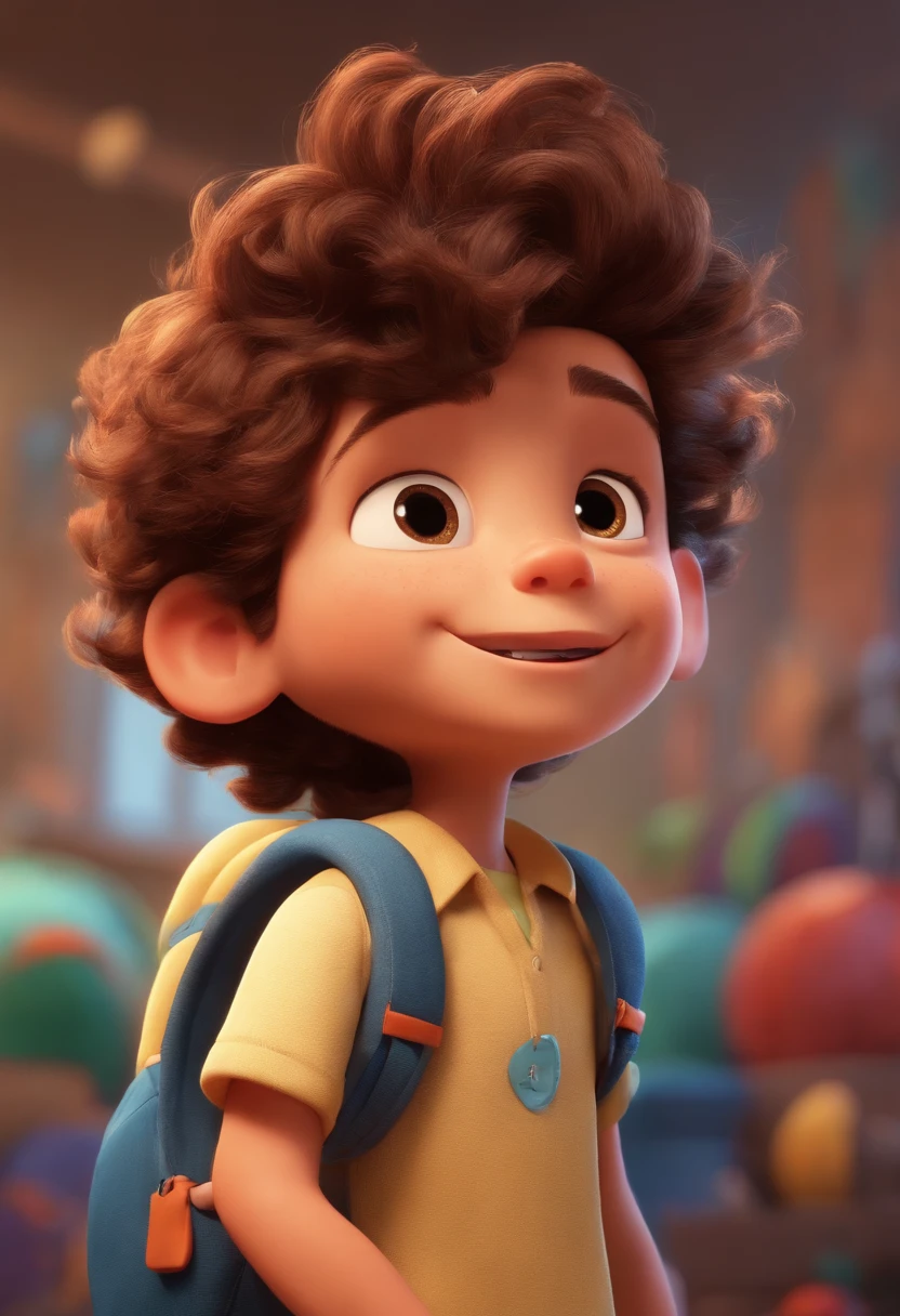 Image of a boy for a story in a YouTube video in Pixar format, He's the allabester, He's the class leader, He's outgoing, Playful and gets up for a lot of things, cabelo curto