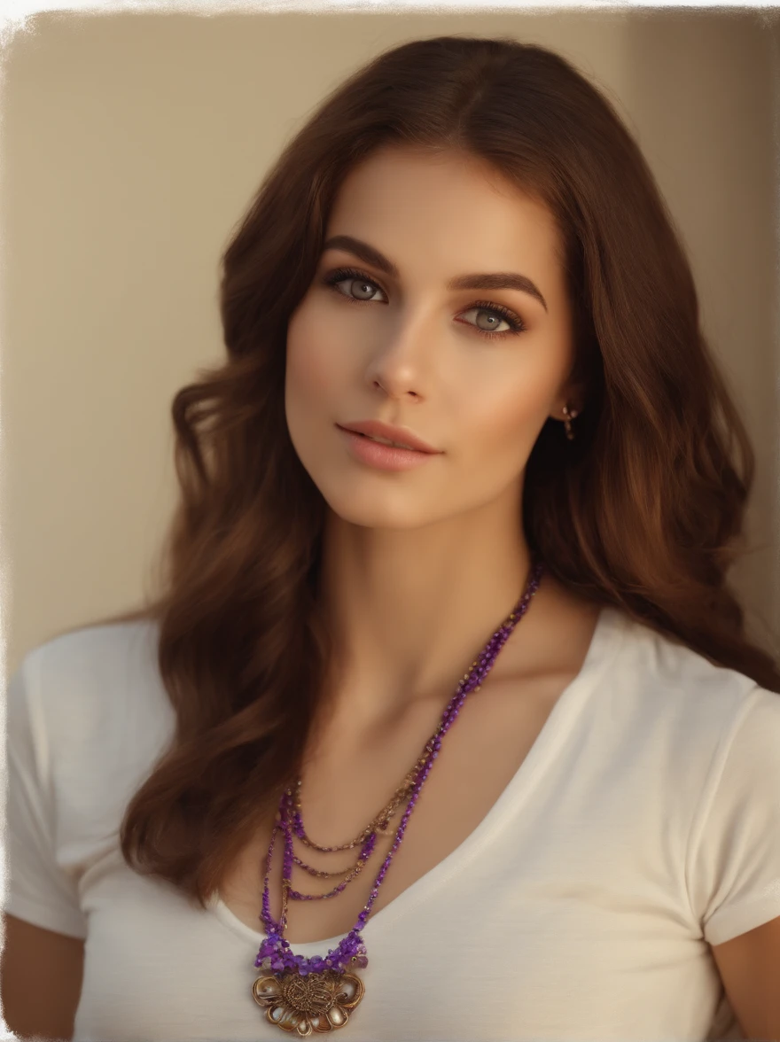 portrait Arafed woman in white T-shirt and necklace, sexy girl with hezaleyes, body shot, she is posing in photo studio neutral background, brown hair and large eyes, full body picture of a young  girl looks underage, tiny, slim, bedroom eyes, violet myers