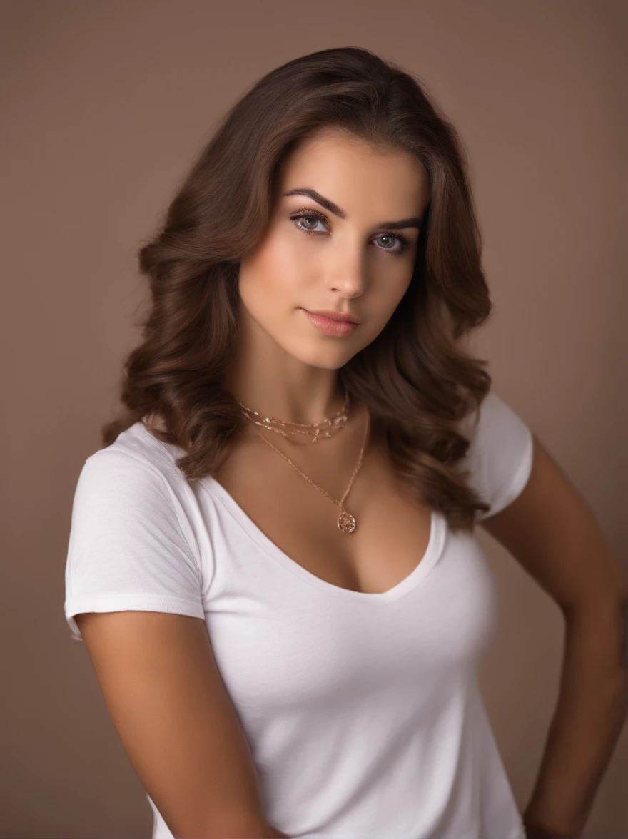 portrait Arafed woman in white T-shirt and necklace, sexy girl with hezaleyes, body shot, she is posing in photo studio neutral background, brown hair and large eyes, full body picture of a young girl looks underage, tiny, slim, bedroom eyes, violet myers