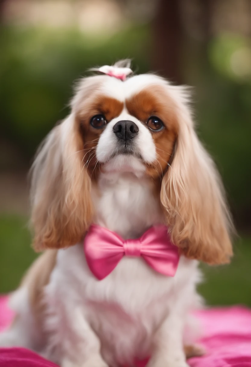 there is a dog that is sitting on a pink blanket, cute furry needs your help, daisy, wearing pink hair bow, a handsome, looking towards the camera, very handsome, a red bow in her hair, is a stunning, bowtie, fully decorated, cavalier king charles spaniel, bella, bulli, retired barney, proud looking, bow tie