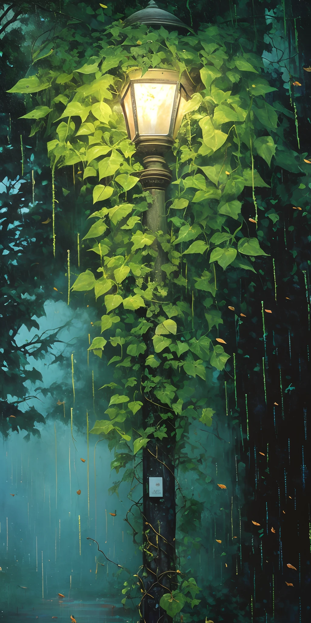 painting of a lamp post with a vine growing on it, hanging vines, glen orbik, vines overflowing, green rain, beautiful painting of a tall, art », by Richard Sedlon, alexey egorov, by Craig Thompson, craig mullins dappled lighting, rain falling, raining, downpour, by Jason Benjamin, by John Platt, by Michael Sutfin