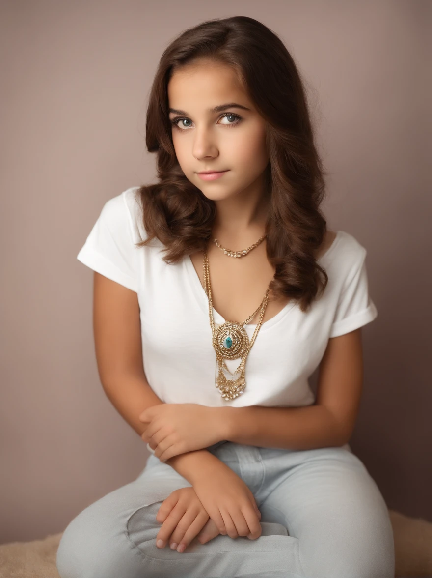 Arafed ten-like girl in white T-shirt and necklace, sexy girl with hezaleyes, body shot, she is posing in photo studio neutral background, brown hair and large eyes, full body picture of a yoirl looks underage, tiny, slim, bedroom eyes, violet myers