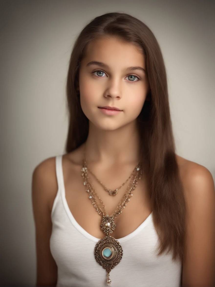Arafed tween-like girl in white T-shirt and necklace, sexy girl with hezaleyes, body shot, she is posing in photo studio neutral background, brown hair and large eyes, full body picture of a young teen girl looks underage, tiny, slim, bedroom eyes, violet myers