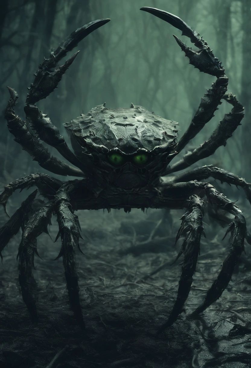 (A giant crab stands in the air in the fog,Staring at a person asking for help),(a creature 5 meters tall:1.0), (Dark green giant crab:1.37),(The shell of a giant crab is dark green)'s, (Dark blue wide oval abdomen), Shiny, (Very hard textured thick shell), (Huge green eyes are unusually bright:1.37),The head is more developed. (There are a pair of large protruding compound eyes:0.8),Texture like crystal. (Unusually long and flexible antennae:1.1),(The length is about 1/3 The width of the crab's body:0.5) ,(On the top of the head, There is a pair of small pliers),(Fresh fluff:0.6),giant crab, giant ethereal creature,The texture is clear, (Helpless people pray for help),Background to prayer for cancer salvation:nebulous sky,(rough sea),(Greatwave),Recife,(salama), 真实感,Epic,ultraclear,afterimage, Dutch angle, From below, Sony FE GM, Chiaroscuro, Blurry, hyper HD, Masterpiece, Textured skin, Super detail, High details, High quality, Award-Awarded, Best quality, A high resolution, 8K,Epic,sci-fy,Futuristic fantasy,Cartoony,