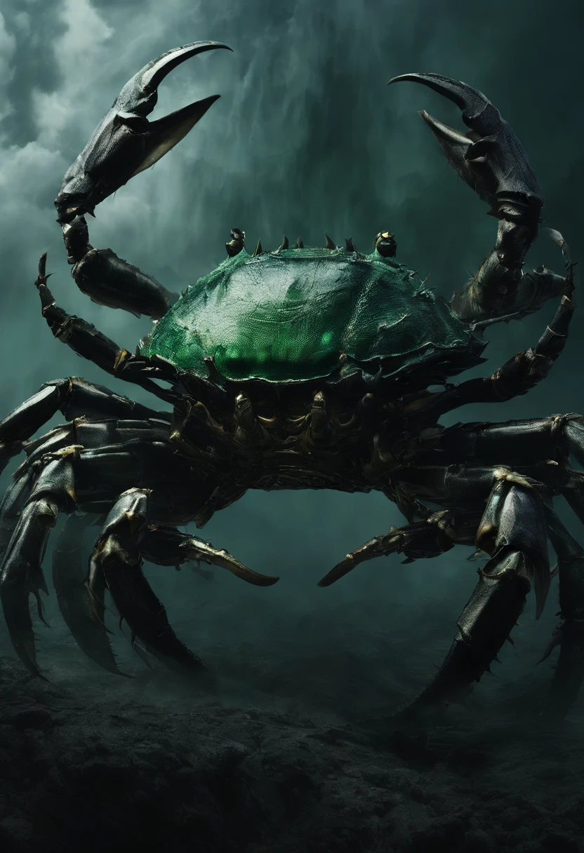 (A giant crab stands in the air in the fog,Staring at a person asking for help),(a creature 5 meters tall:1.0), (Dark green giant crab:1.37),(The shell of a giant crab is dark green)'s, (Dark blue wide oval abdomen), Shiny, (Very hard textured thick shell), (Huge green eyes are unusually bright:1.37),The head is more developed. (There are a pair of large protruding compound eyes:0.8),Texture like crystal. (Unusually long and flexible antennae:1.1),(The length is about 1/3 The width of the crab's body:0.5) ,(On the top of the head, There is a pair of small pliers),(Fresh fluff:0.6),giant crab, giant ethereal creature,The texture is clear, (Helpless people pray for help),Background to prayer for cancer salvation:nebulous sky,(rough sea),(Greatwave),Recife,(salama), 真实感,Epic,ultraclear,afterimage, Dutch angle, From below, Sony FE GM, Chiaroscuro, Blurry, hyper HD, Masterpiece, Textured skin, Super detail, High details, High quality, Award-Awarded, Best quality, A high resolution, 8K,Epic,sci-fy,Futuristic fantasy,Cartoony,