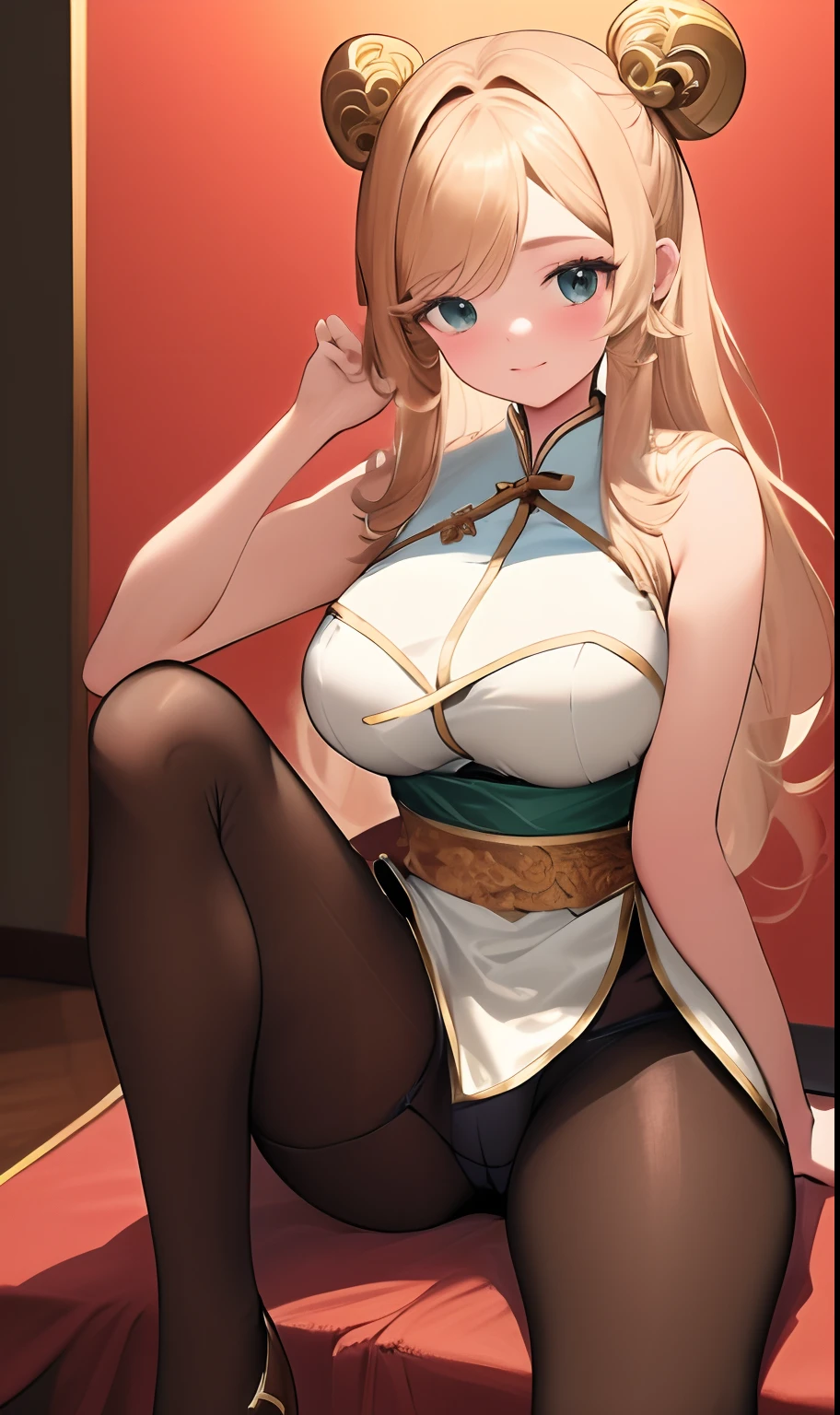 ulzang-6500-v1.1, (RAW photo:1.2), (Photorealistic:1.4), Beautiful detailed girl, Very detailed eyes and face, Beautiful detailed eyes, ridiculous, Incredibly Ridiculous res, hugefilesize, Super detailed, high resolution, Very detailed, Best quality, Masterpiece, ((Cheongsam)), illustration, Very detailed, CG, unified, 8K wallpaper, Amazing, finedetail, Masterpiece, Best quality, Very detailed CG unified 8k wallpaper, Face light, Movie lighting, 1girll, , (()), ((Dynamic pose))), (camel-toe), (Half), (Pantyhose), (bent knees and legs sitting))huge tit,cleavage