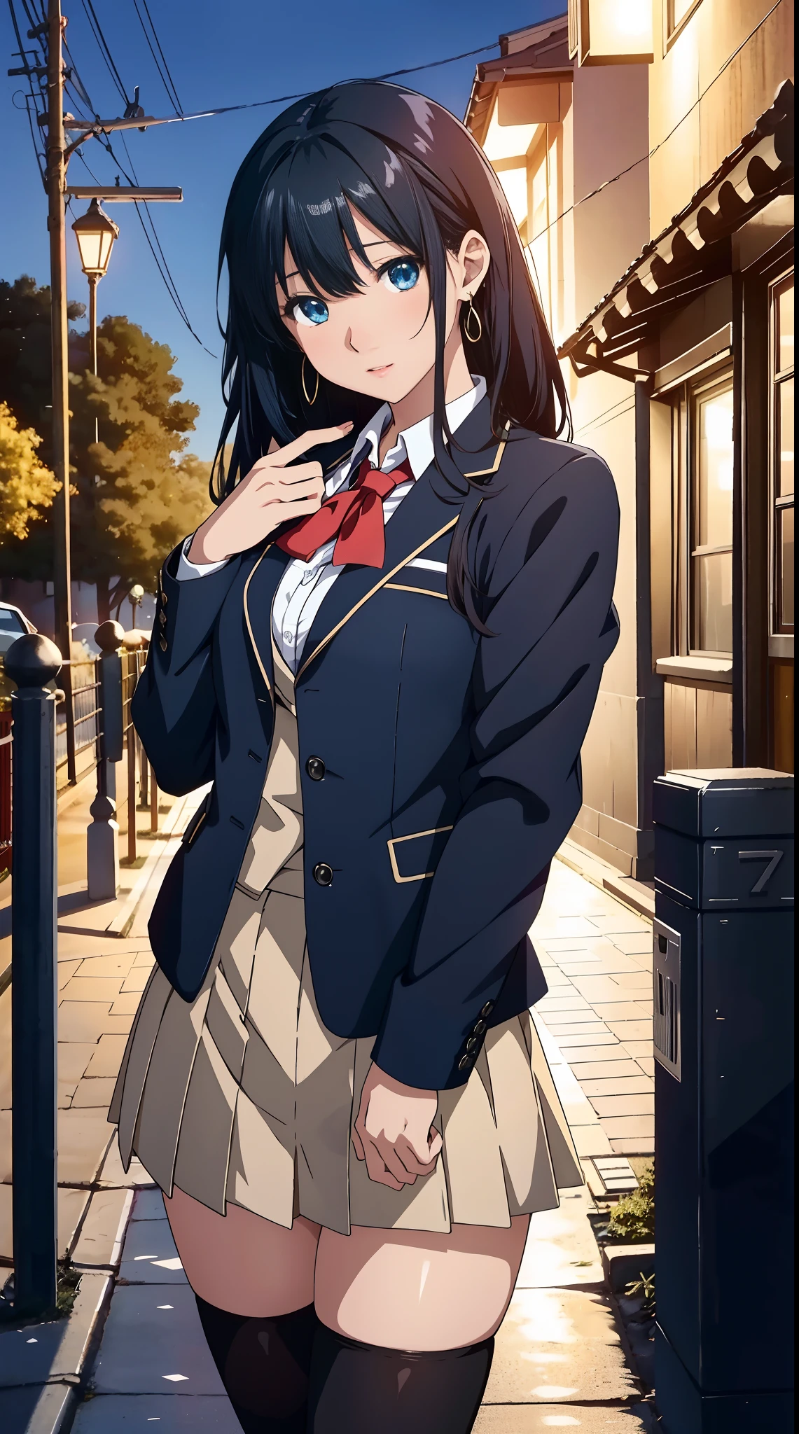 (Best Quality, Ultra-detailed, anime image, GameCG, art cg, Photorealistic, ciinematic light, Perfect Shadow, realistic lighting shaded, Unity 8k壁纸), Black hair,,Large breasts,Long hair,maturefemale,(blue eyess), Perfect eyes, Perfect face, earrings, Shirt, Jacket,, zettai ryouiki, pencil skirts, School uniform, high-heels, keji,nose blush,Looking at Viewer,Sexy Pose,(Outside the park at night),(((full bodyesbian)))