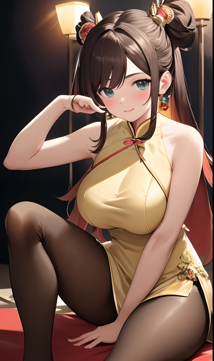 ulzang-6500-v1.1, (RAW photo:1.2), (Photorealistic:1.4), Beautiful detailed girl, Very detailed eyes and face, Beautiful detailed eyes, ridiculous, Incredibly Ridiculous res, hugefilesize, Super detailed, high resolution, Very detailed, Best quality, Masterpiece, ((Cheongsam)), illustration, Very detailed, CG, unified, 8K wallpaper, Amazing, finedetail, Masterpiece, Best quality, Very detailed CG unified 8k wallpaper, Face light, Movie lighting, 1girll, , (()), ((Dynamic pose))), (camel-toe), (Half), (Pantyhose), (bent knees and legs sitting))huge tit,cleavage